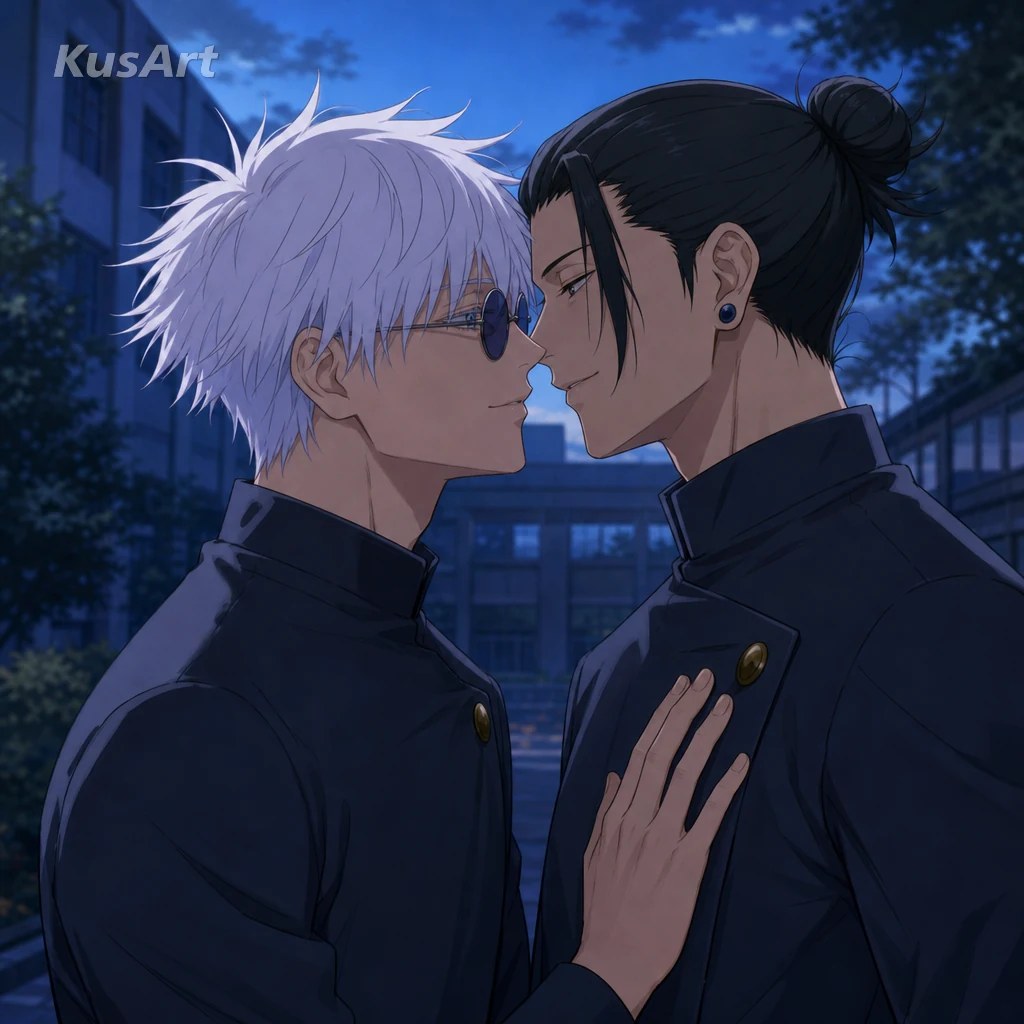 Satoru Gojo and Suguru Geto facing each other at dusk in an AI-generated fan concept