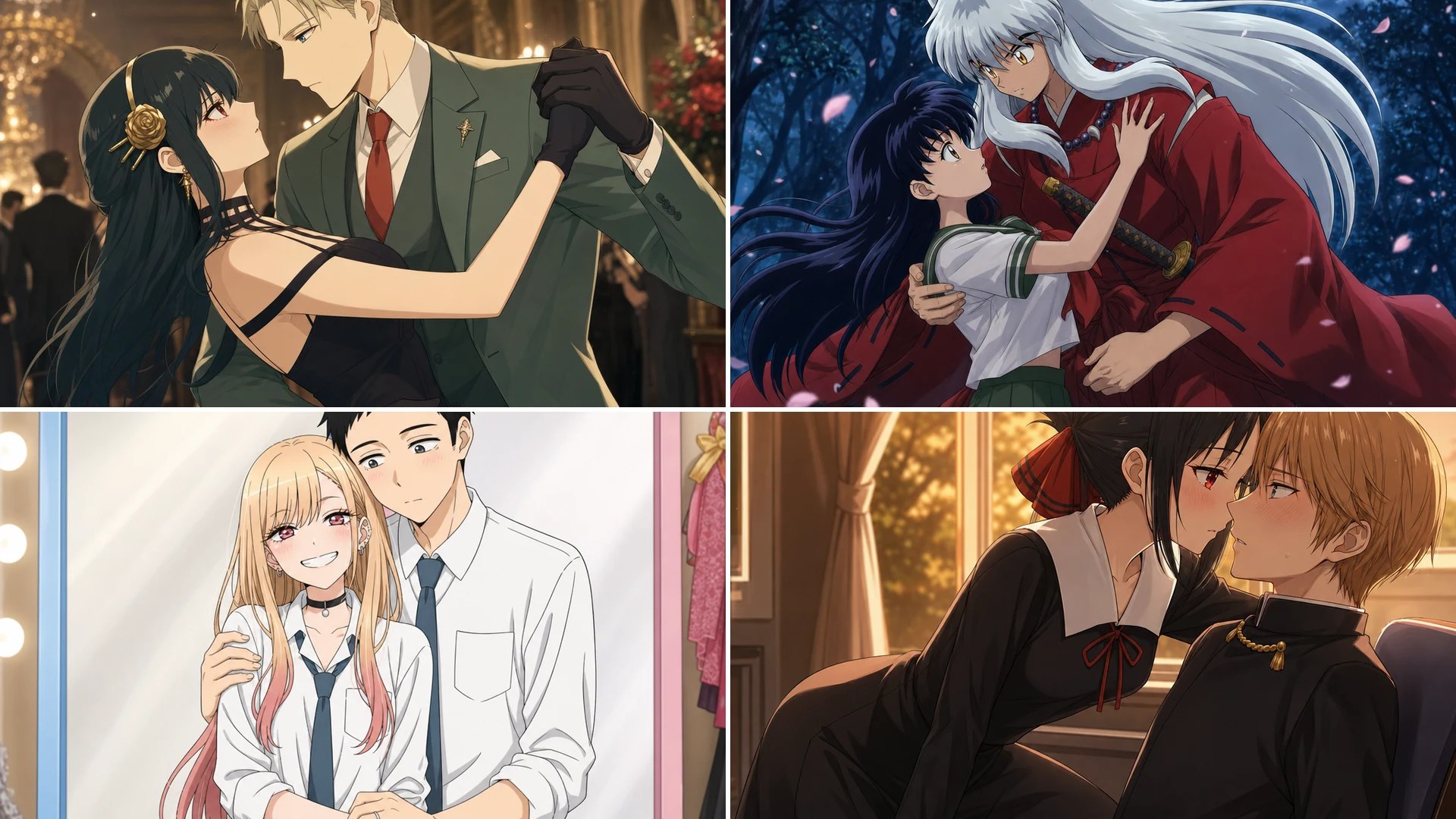 Collage of four fan-favorite anime couples recreated as AI-generated fan concepts