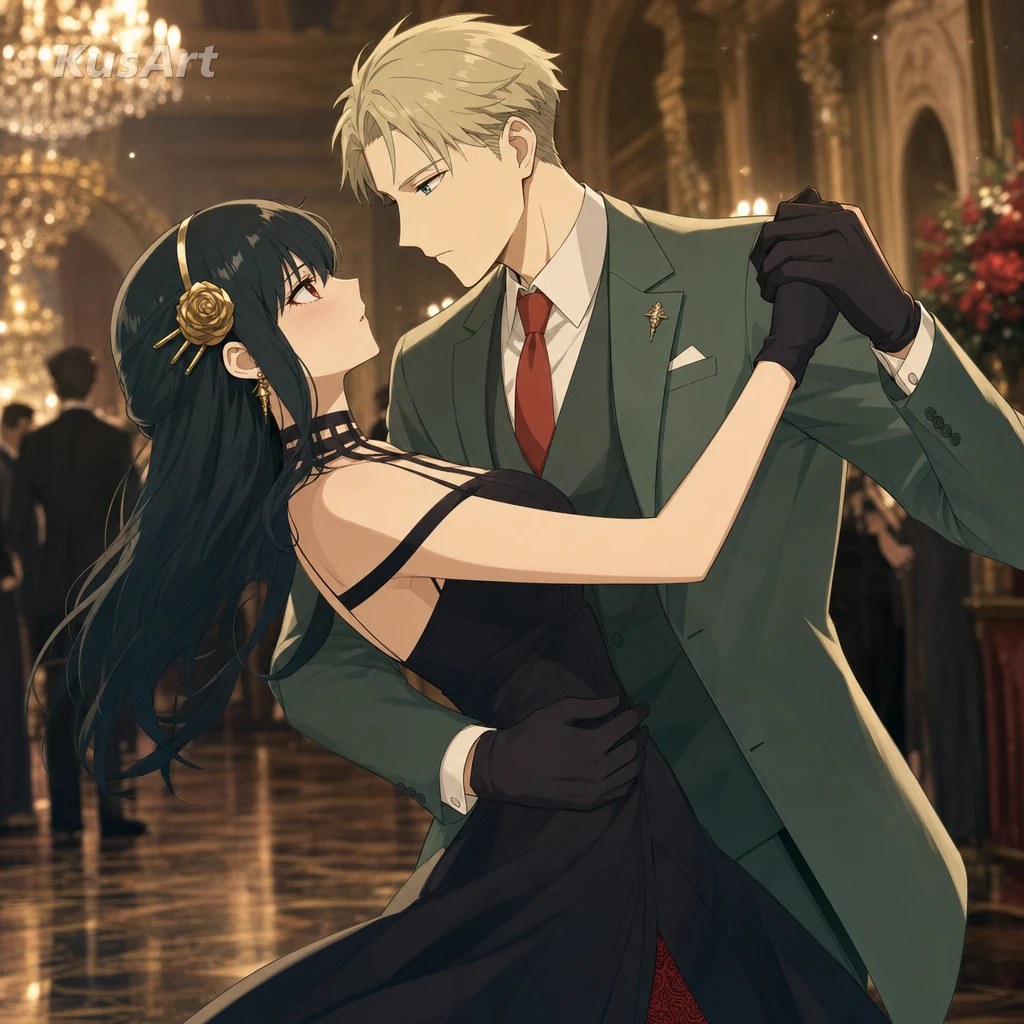 Loid and Yor Forger performing a ballroom dip at an elegant gala