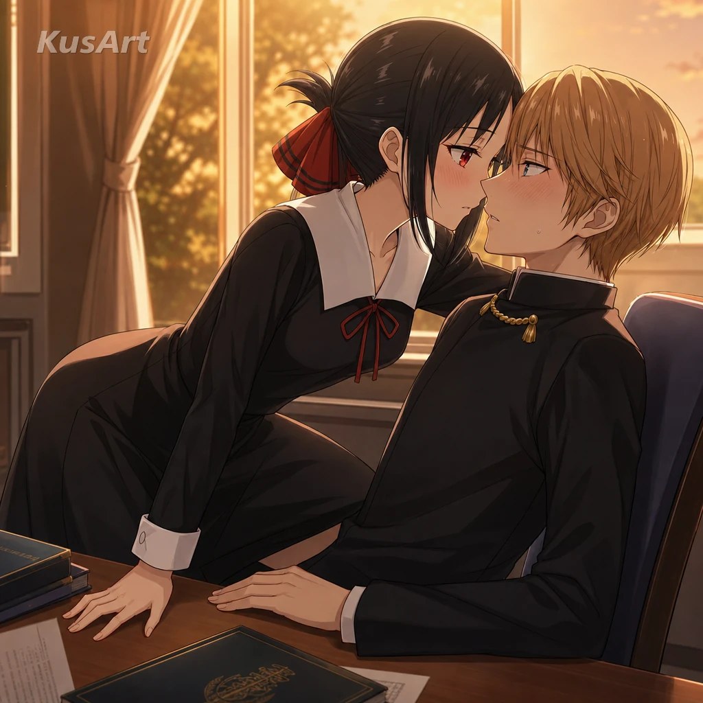 Kaguya Shinomiya and Miyuki Shirogane leaning toward an almost-kiss at sunset