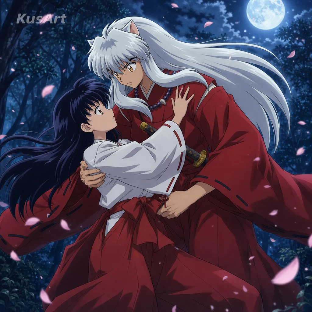 Inuyasha holding Kagome protectively beneath moonlight and falling petals