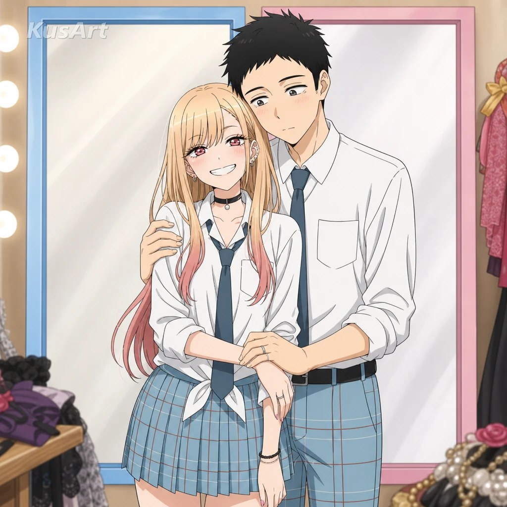 Marin Kitagawa and Wakana Gojo sharing a close fitting-room moment