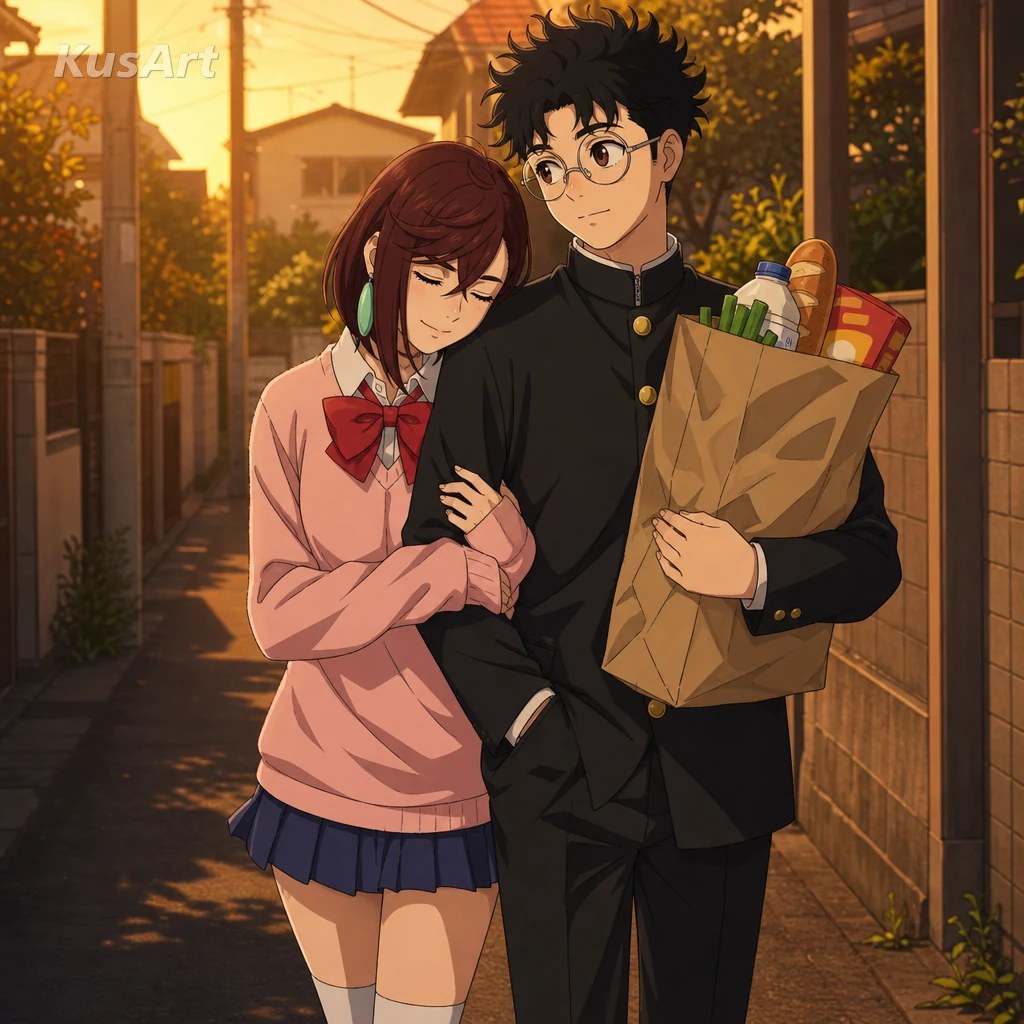 Momo Ayase leaning on Okarun during a quiet walk home at sunset