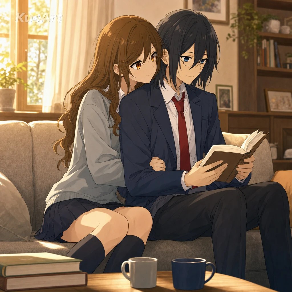 Hori and Miyamura reading together on a cozy sofa with two mugs nearby