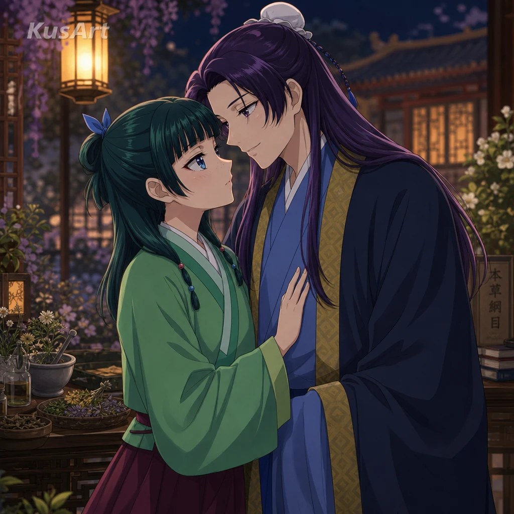 Maomao and Jinshi standing close together in an imperial palace garden