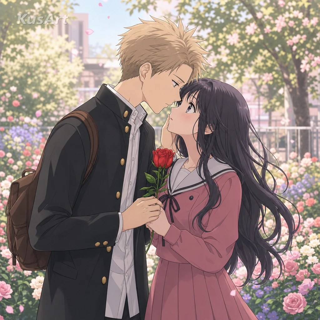Rintaro Tsumugi and Kaoruko Waguri sharing a gentle moment in a rose garden