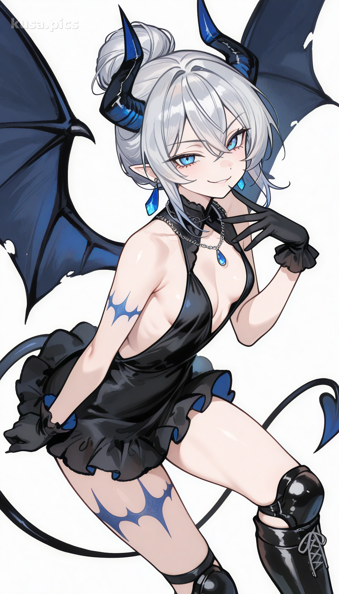 银发蓝眼恶魔叛逆女孩，恶魔角和翅膀 - 动漫原创角色设计变体2