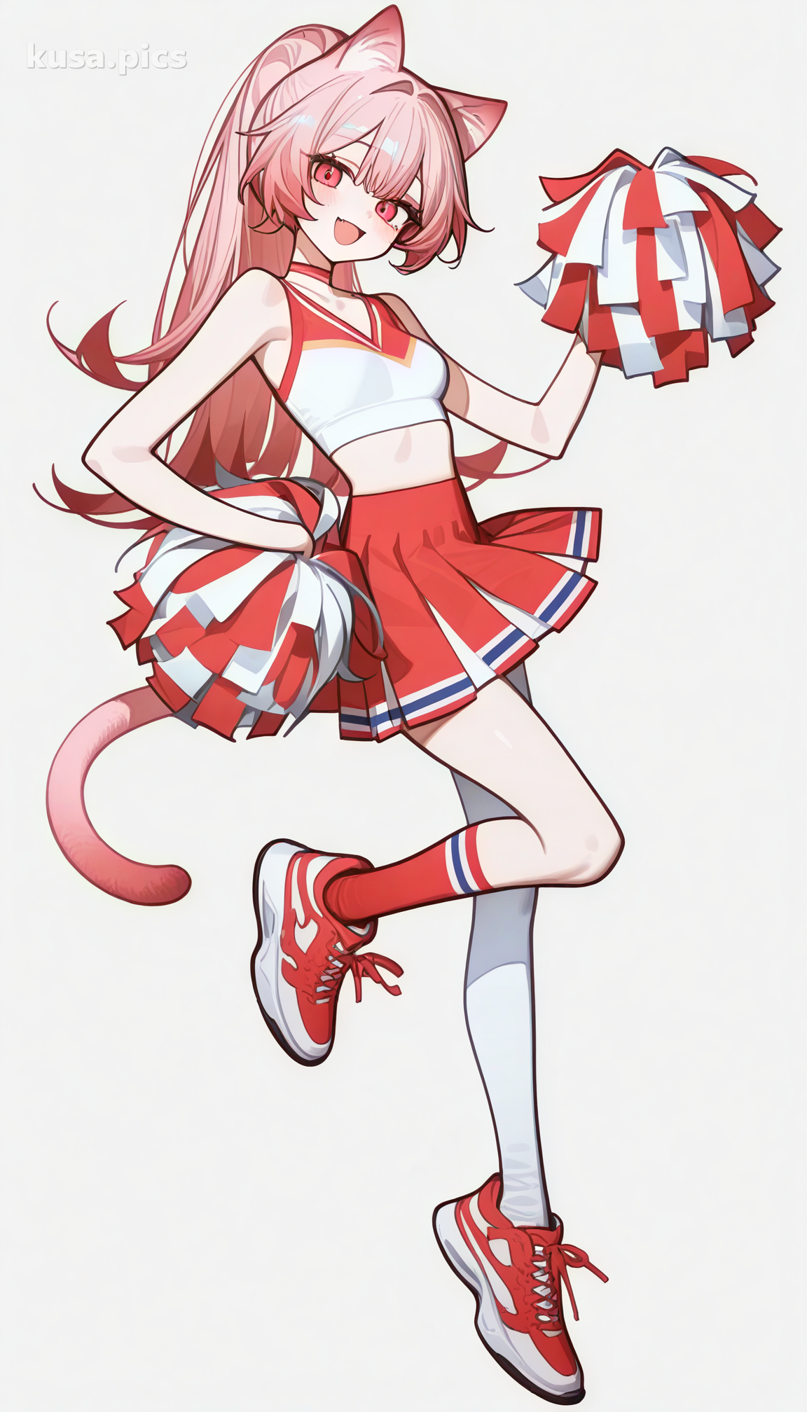 猫女孩啦啦队员，粉色头发，猫耳，充满活力的姿势 - 动漫原创角色设计变体1