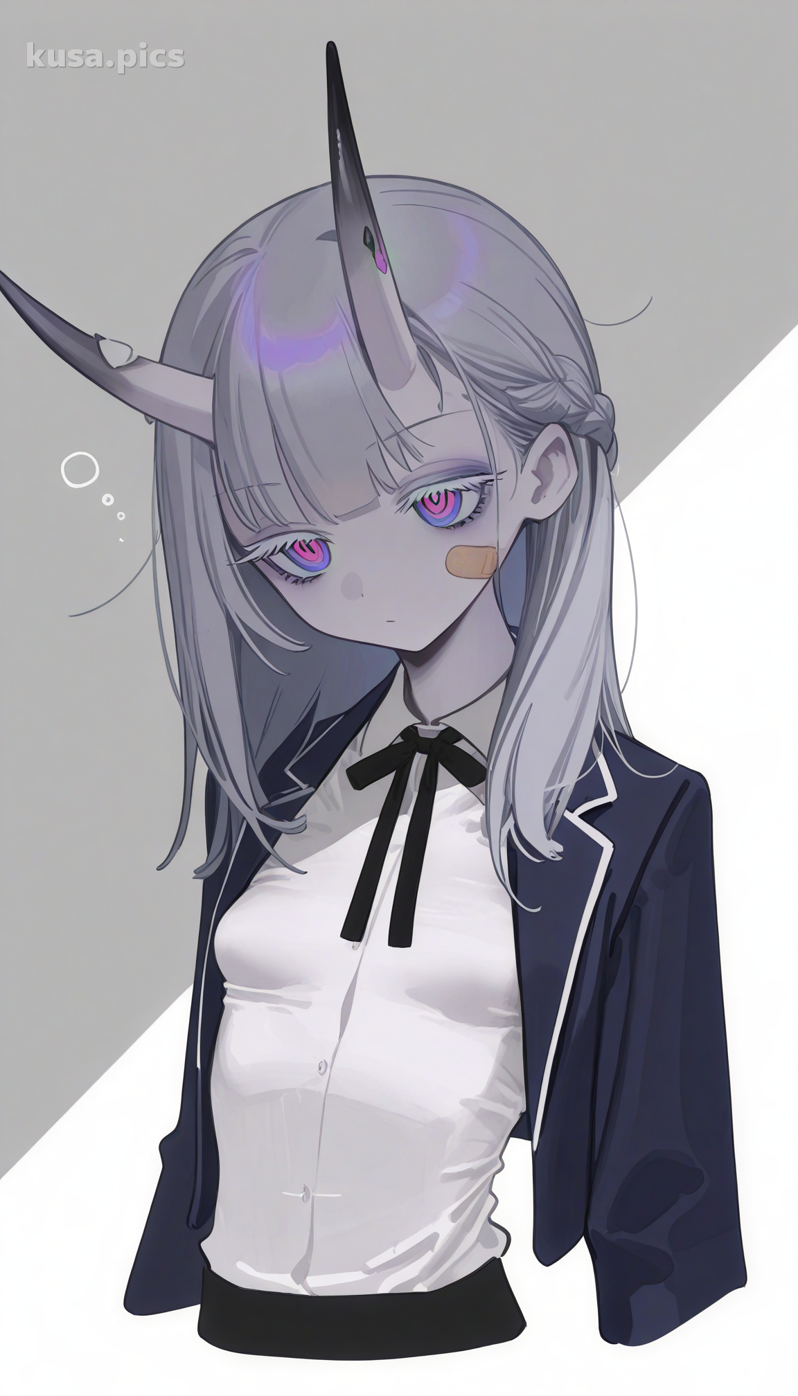 僵尸女学生，灰色皮肤，破旧校服，恶鬼角 - 动漫原创角色设计变体2