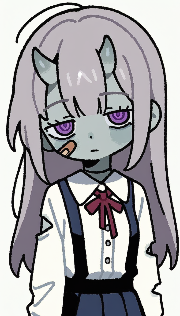 僵尸女学生，灰色皮肤，破旧校服，恶鬼角 - 动漫原创角色设计变体1