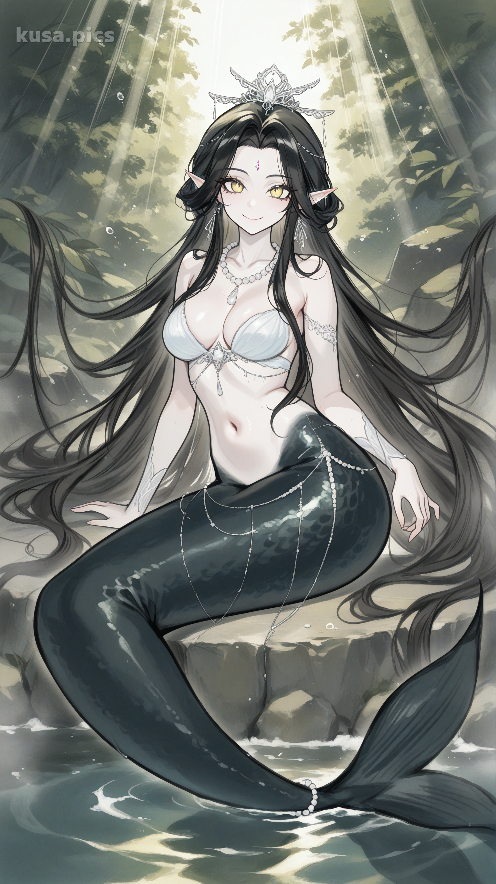 优雅的美人鱼，黑发，黄色眼睛，水下场景中的珍珠项链 - 动漫原创角色设计变体2