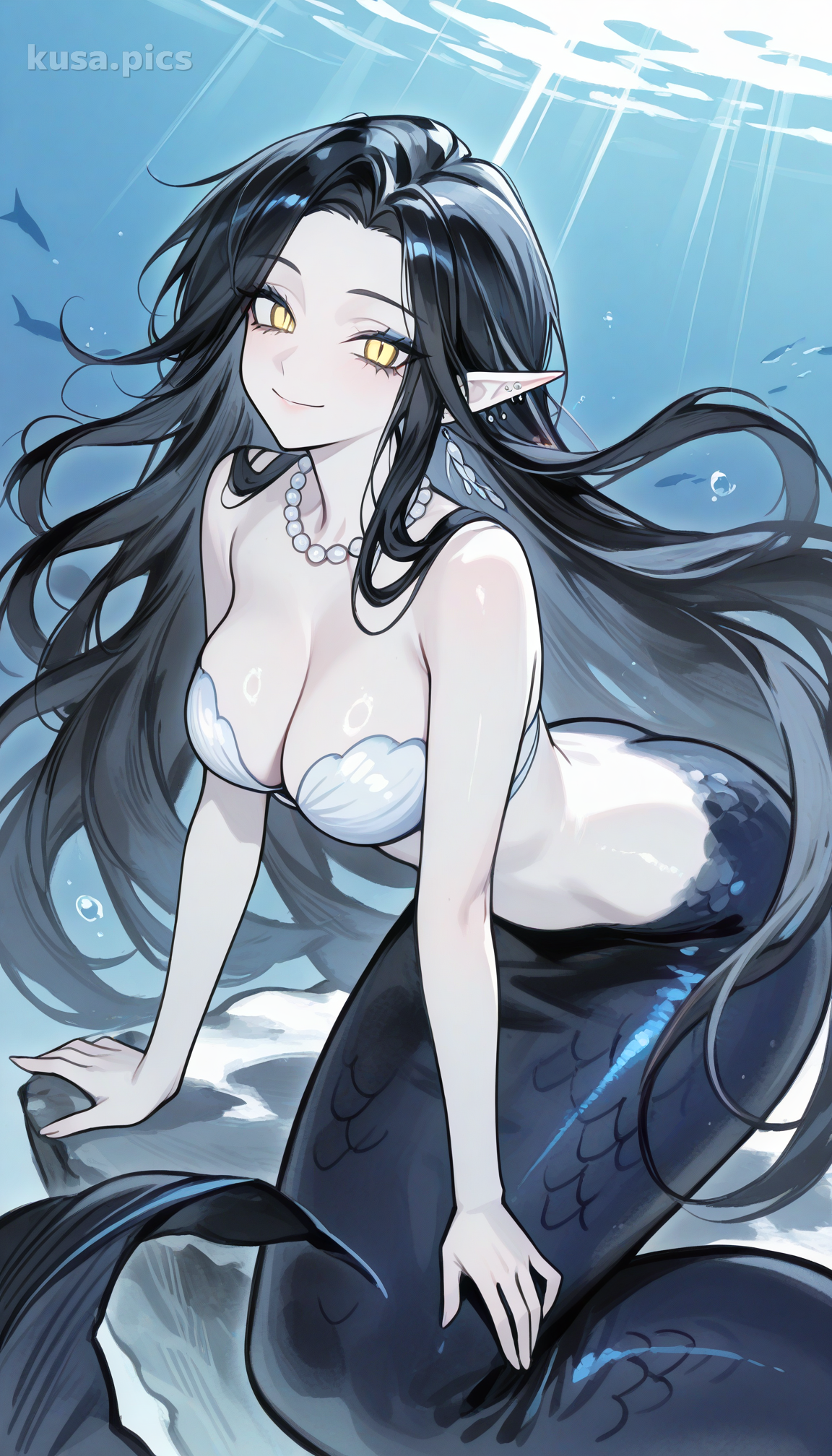 优雅的美人鱼，黑发，黄色眼睛，水下场景中的珍珠项链 - 动漫原创角色设计变体1