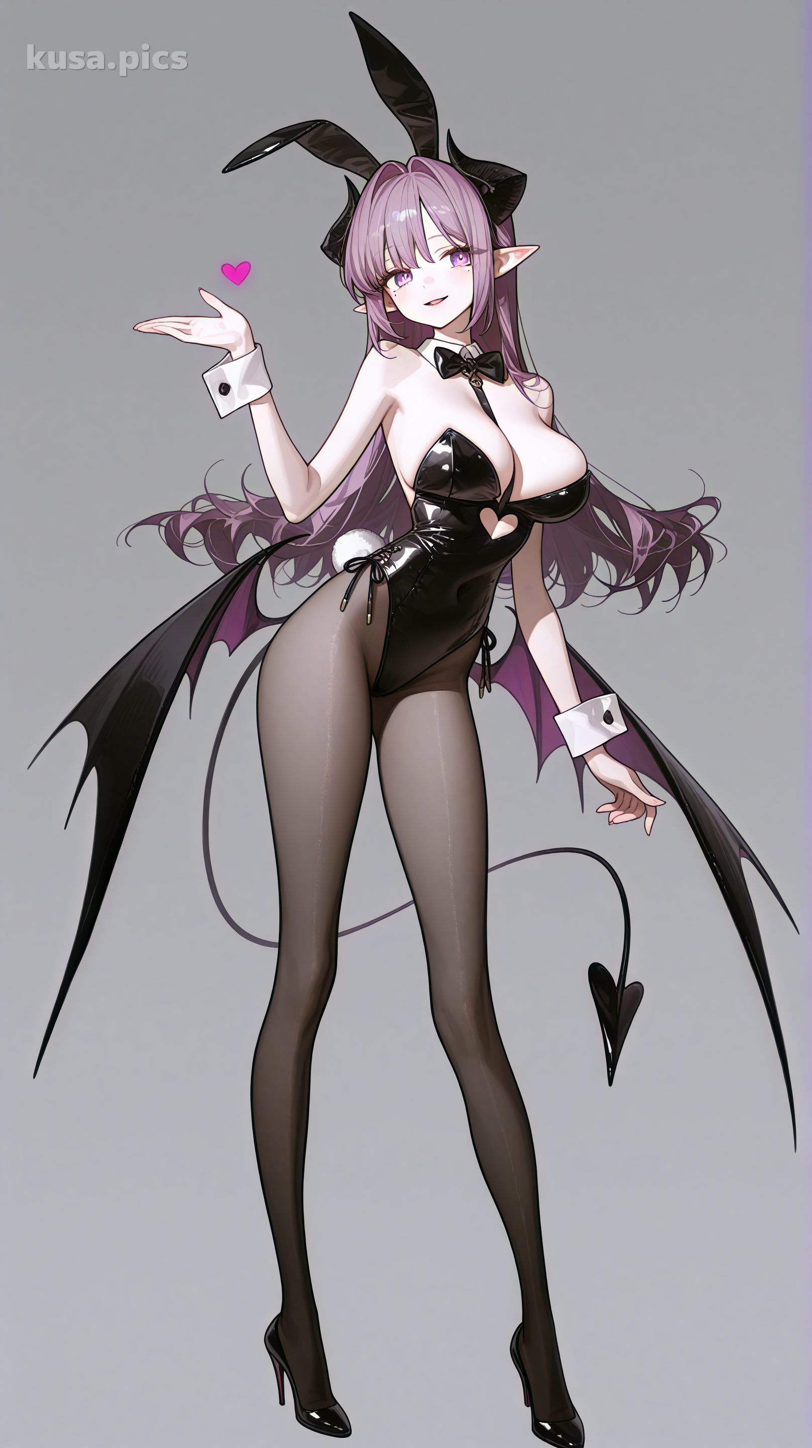 恶魔兔女郎全身 OC，紫色头发，黑色紧身衣和恶魔翅膀 - 示例 1 变体 A