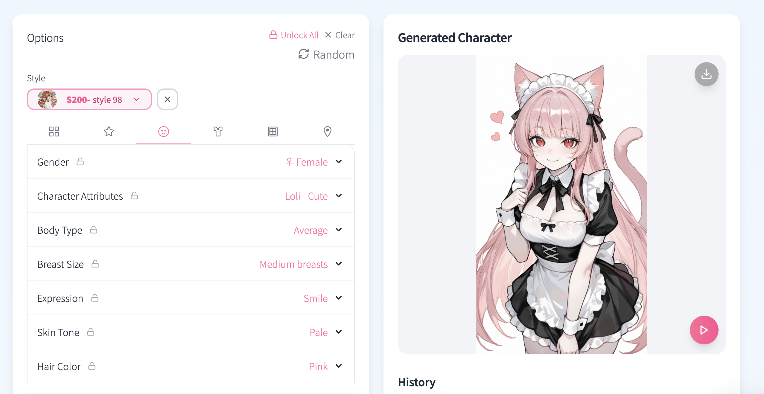 KusArt OC Generator 设置面板显示角色自定义选项
