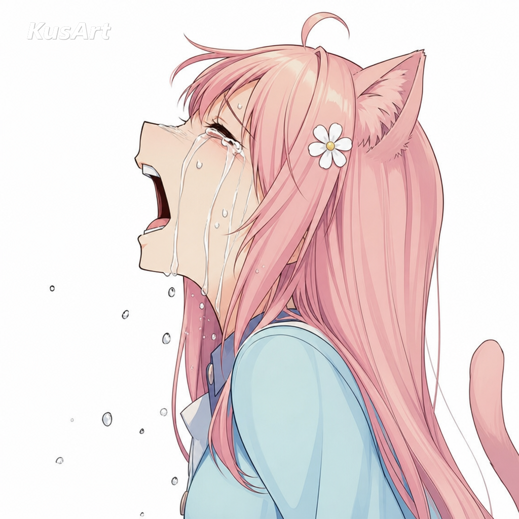 用一个粉发猫娘戏剧化嚎啕大哭重制的动漫女孩哭泣表情包
