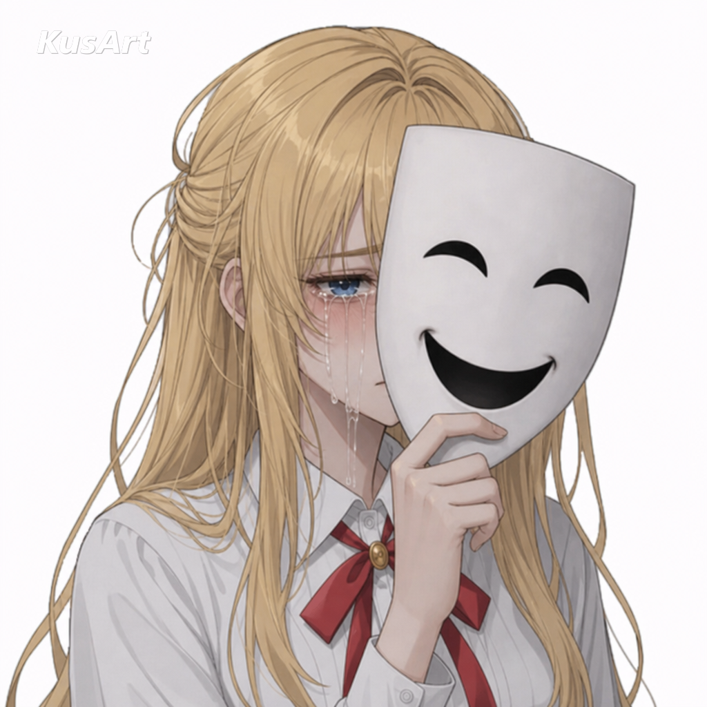 «Hinter der Maske weinen»-Meme neu erstellt mit einem Anime-Mädchen, das eine lächelnde Maske hochhält, während es dahinter weint