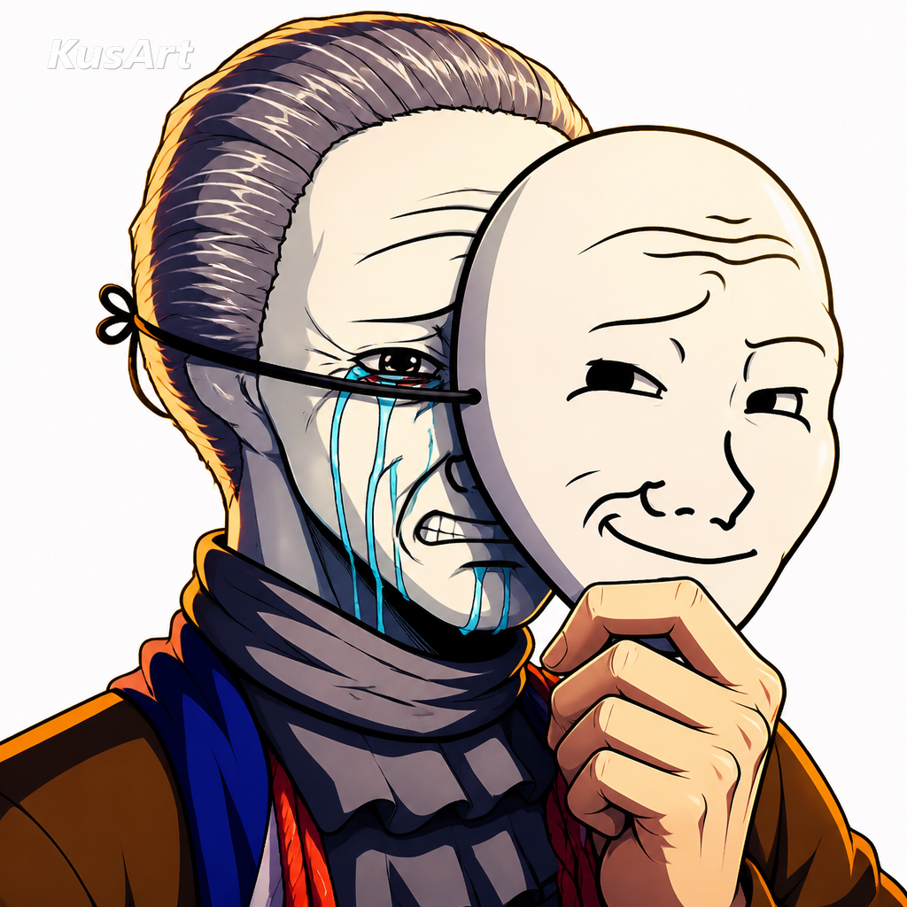 «Hinter der Maske weinen»-Meme neu gezeichnet als Anime-Illustration mit lebendigem Cel-Shading