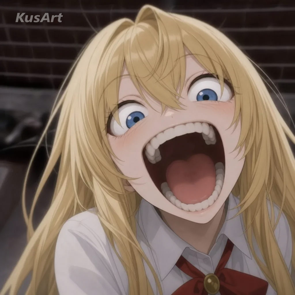 Mème de chien drôle recréé avec une fille d'anime arborant le même sourire niais gueule ouverte