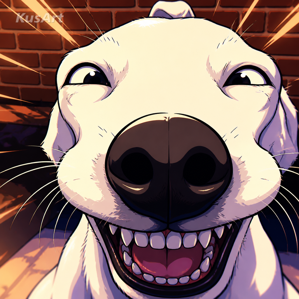 Mème de chien drôle redessiné en illustration anime au cel shading éclatant