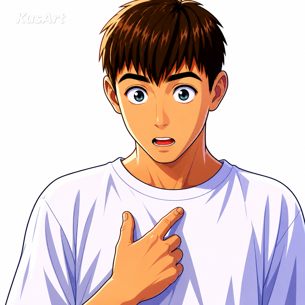Guy pointing at himself meme restyled as a vibrant anime cel-shaded illustration