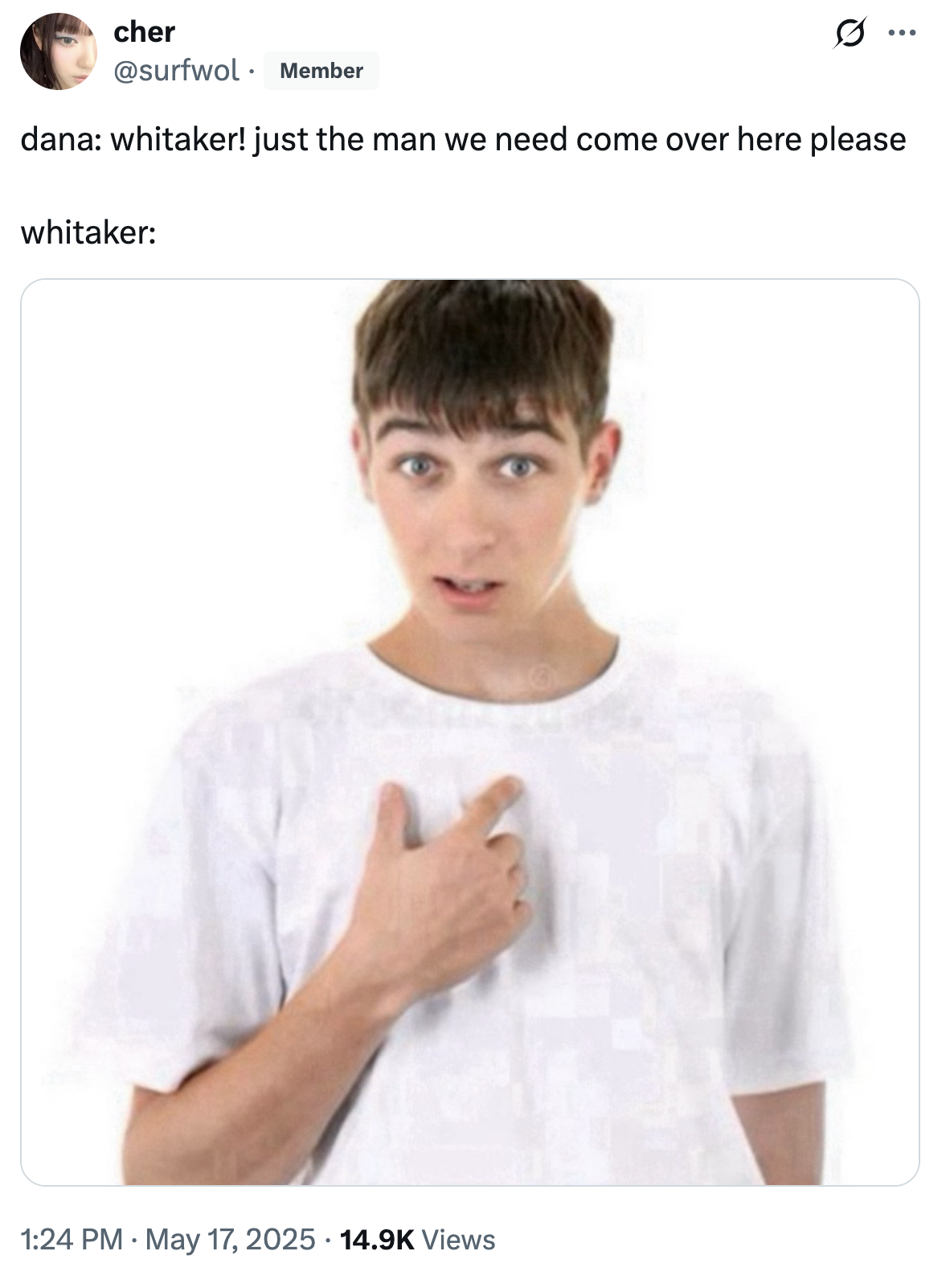 Guy pointing at himself meme replying 'me?' when singled out in a tweet