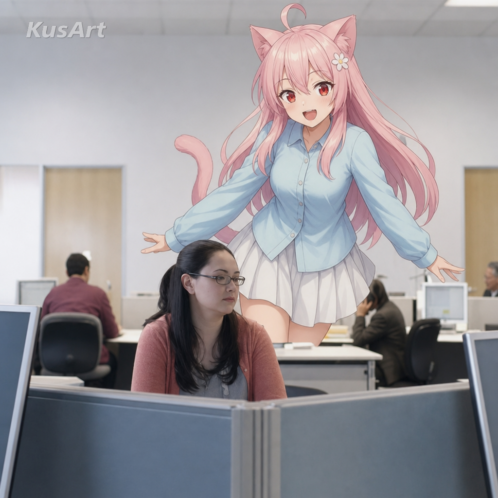 Mème du hump day recréé avec une fille-chat d'anime joyeuse se baladant à travers un bureau