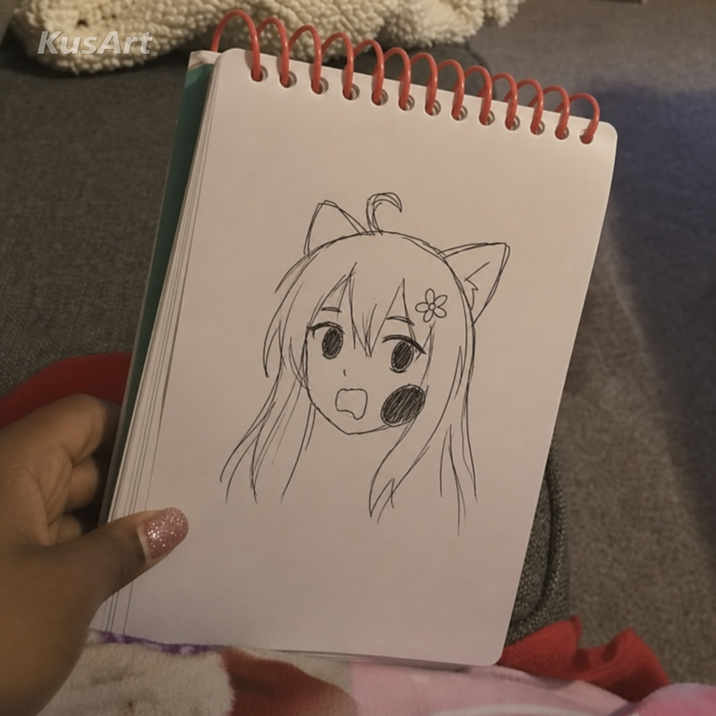 Meme da hiperpigmentação recriado como um retrato tosco e feito à mão de uma catgirl de anime com uma falha óbvia