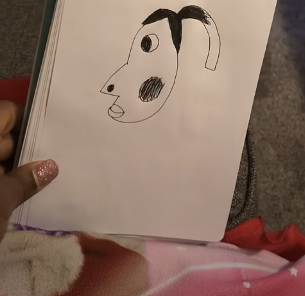 Desenho de retrato ruim com uma falha óbvia circulada em um macro de reação