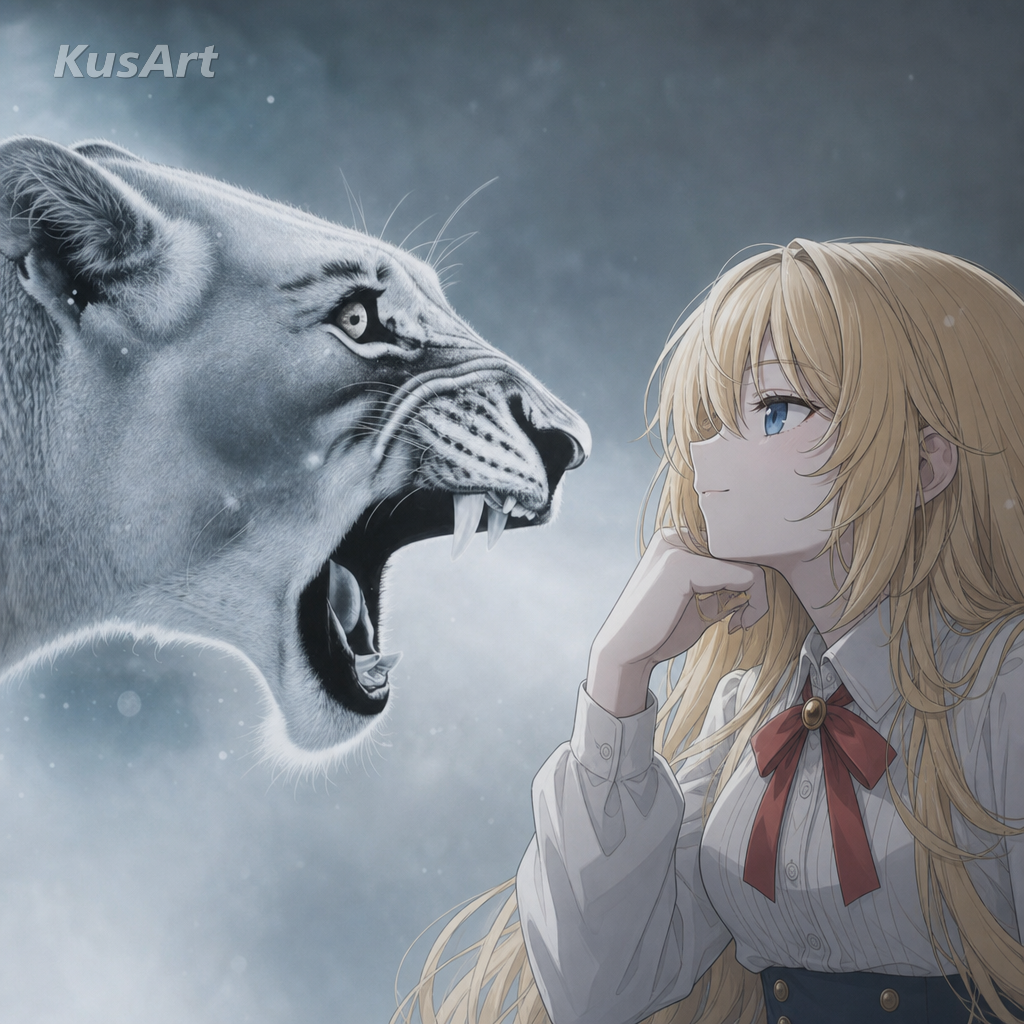 冷静なチンパンジーの動じないポーズにアニメの女の子を入れて作り直した猿とライオンのミーム