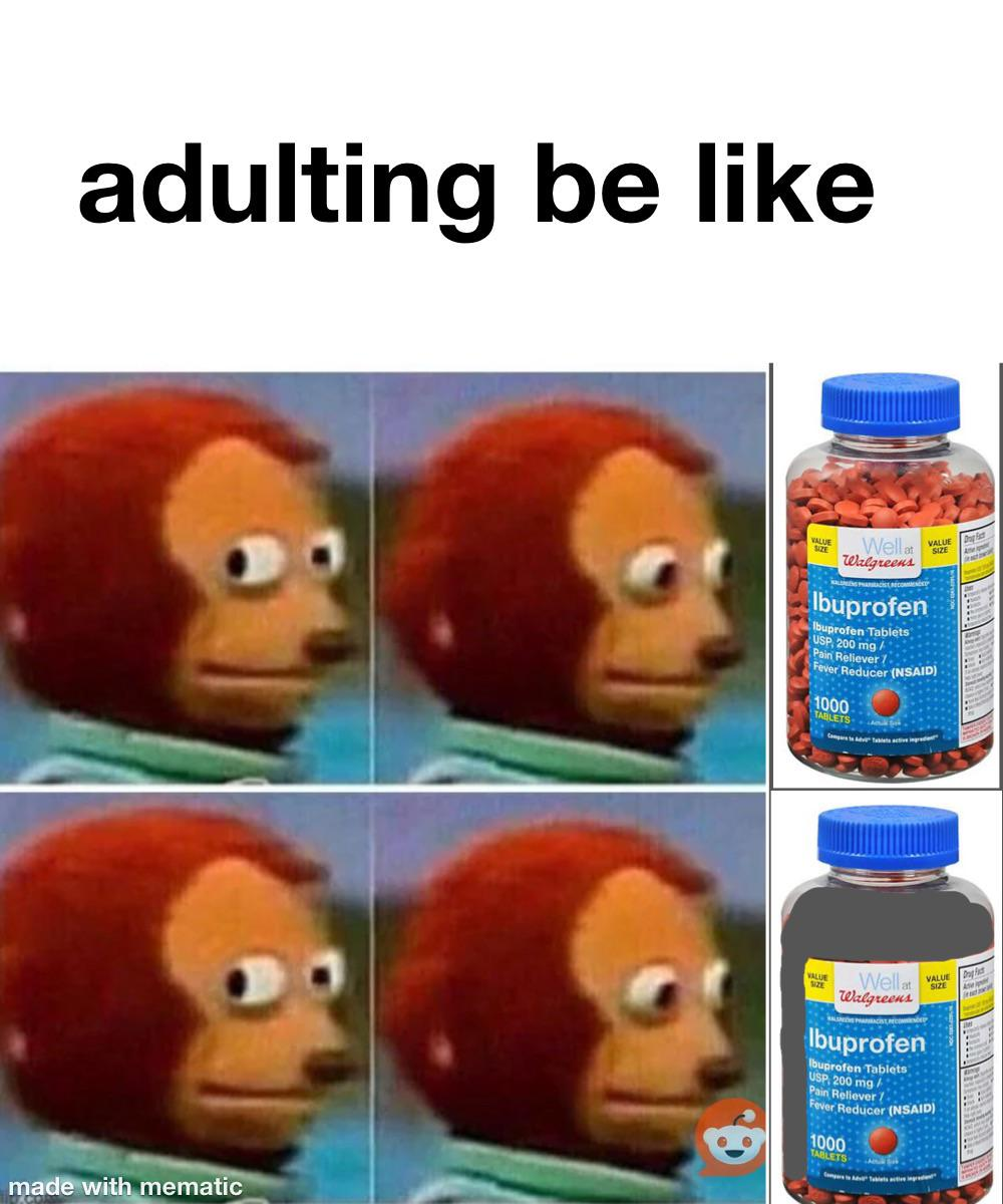 거대한 이부프로펜 병 옆에 'adulting be like' 캡션을 단 원숭이 밈
