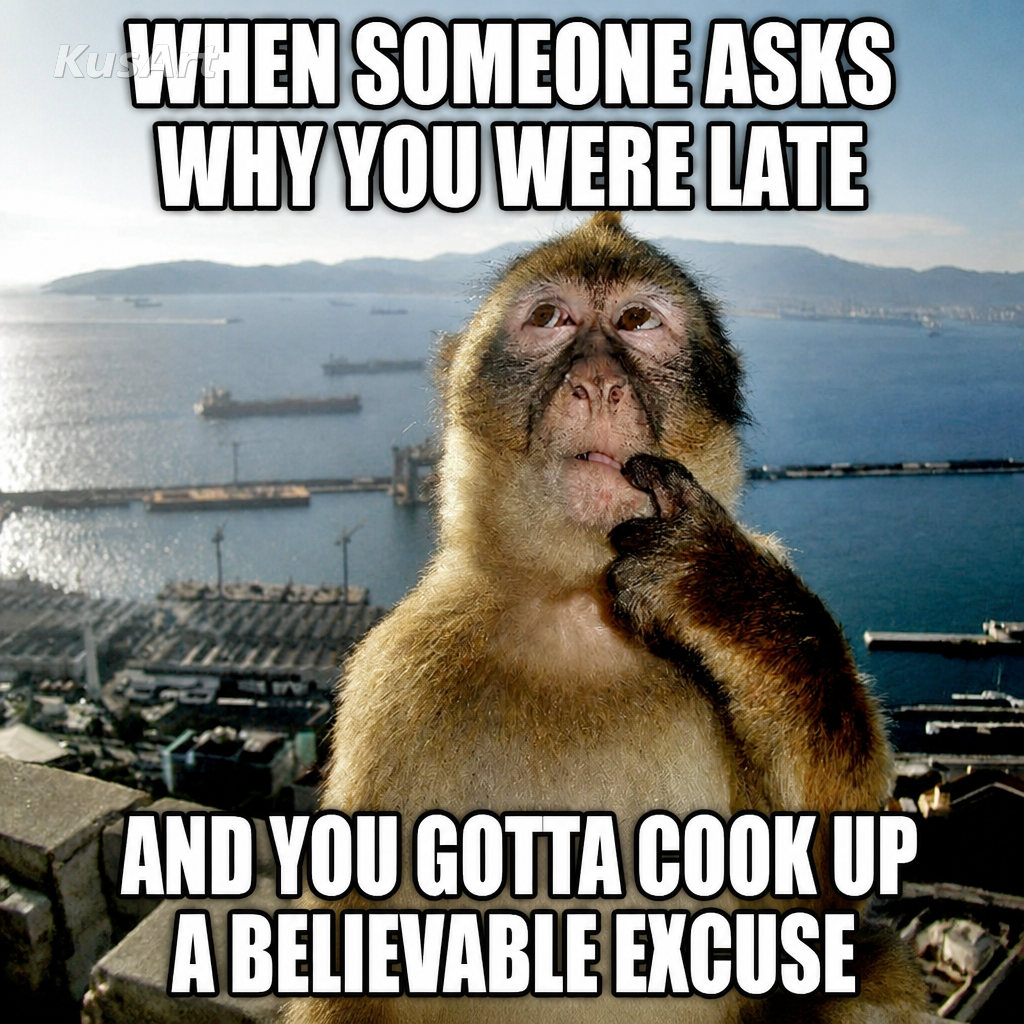 Meme do macaco pensando legendado sobre inventar uma desculpa convincente por se atrasar