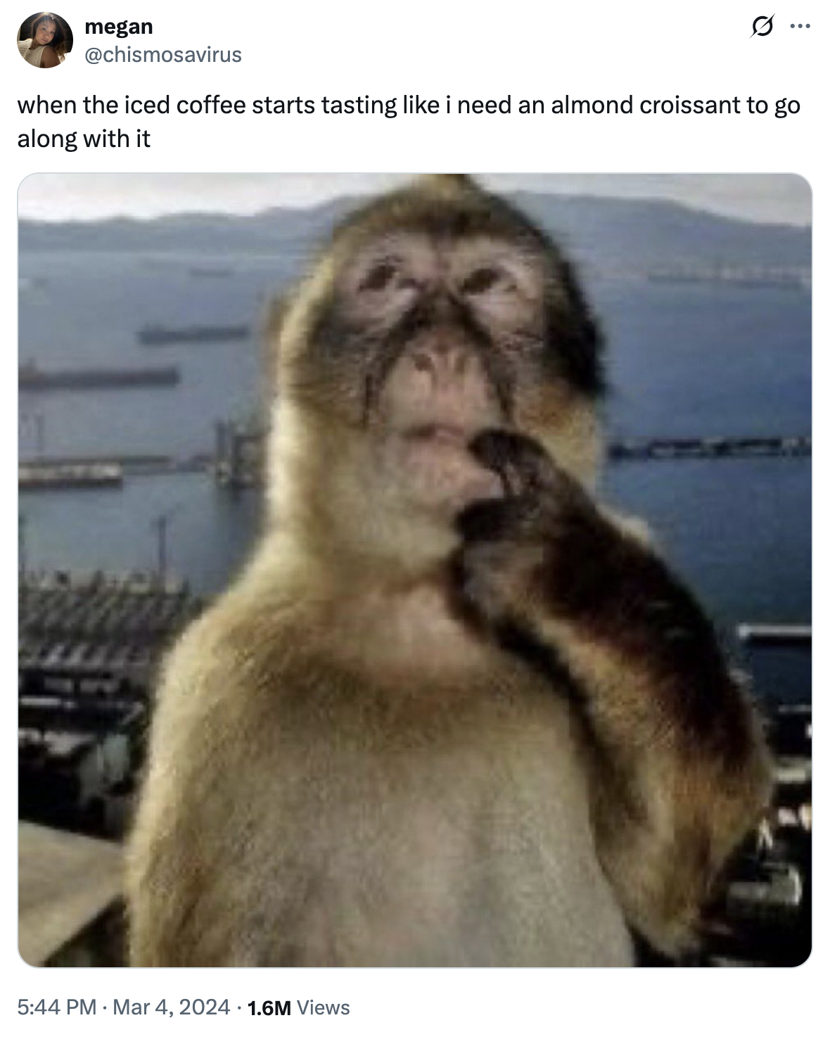 Meme do macaco pensando compartilhado como legenda social identificável sobre vontade de café gelado