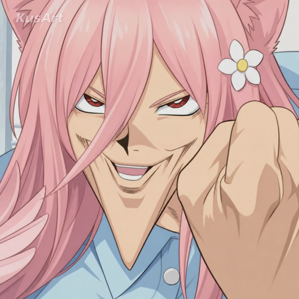 Mème du menton pointu d'anime recréé avec une fille-chat souriante arborant un menton absurdement long et acéré