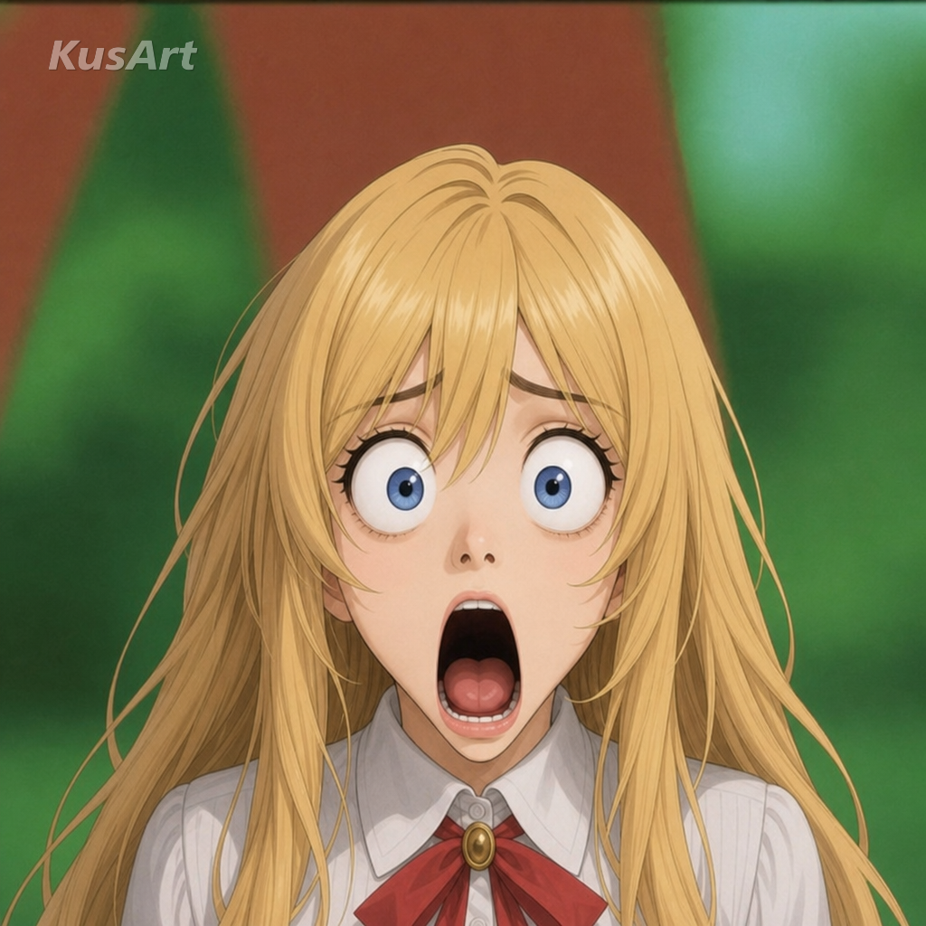 目を見開き顎が落ちた表情をするアニメ少女で作り直したショック顔ミーム