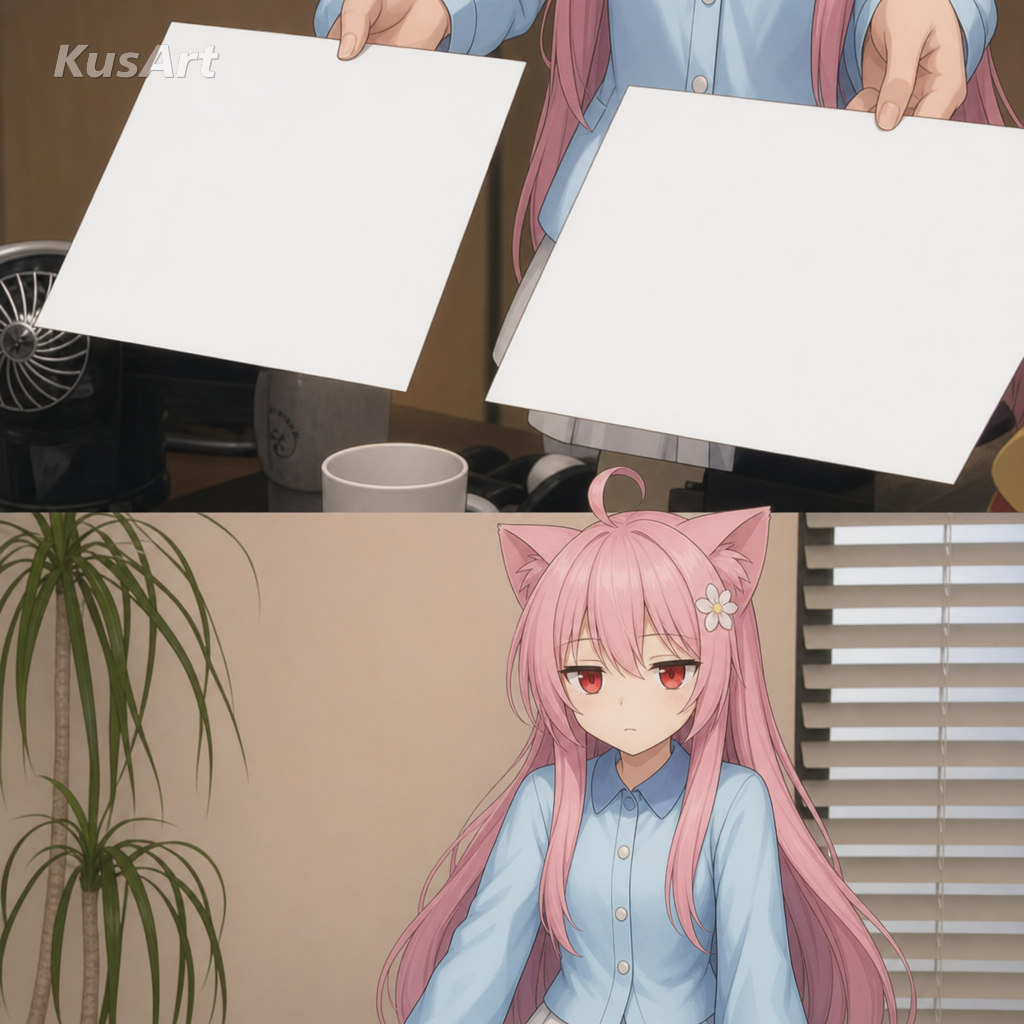 二枚の写真を無表情に掲げるアニメ猫娘で作り直した同じ写真じゃんミーム