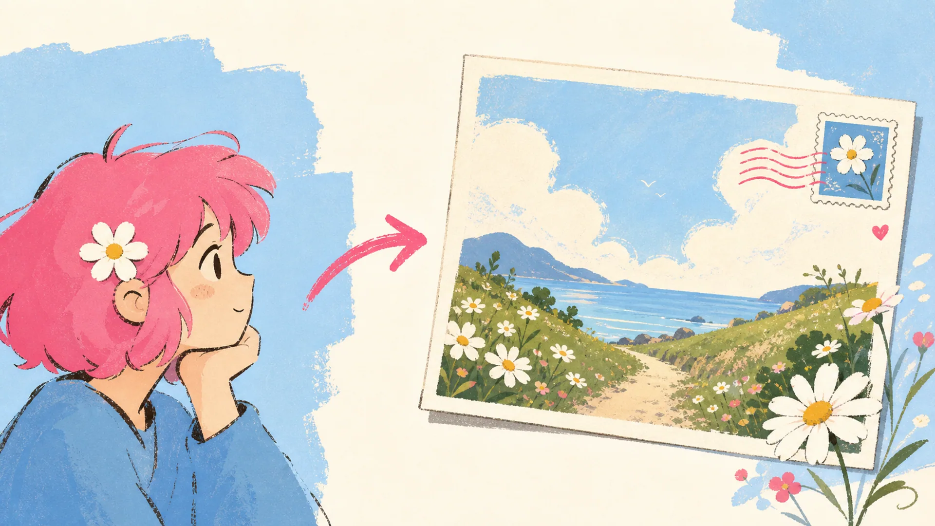 Aus einer Figur wird eine sanfte Anime-Postkarte - AI Anime-Wohlfühl-Postkarten-Generator