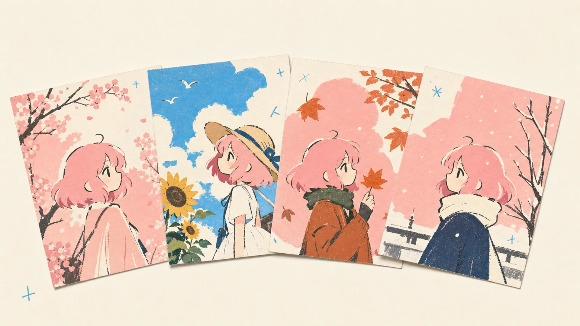 Saisonale Anime-Grüße - AI Anime-Wohlfühl-Postkarten-Generator