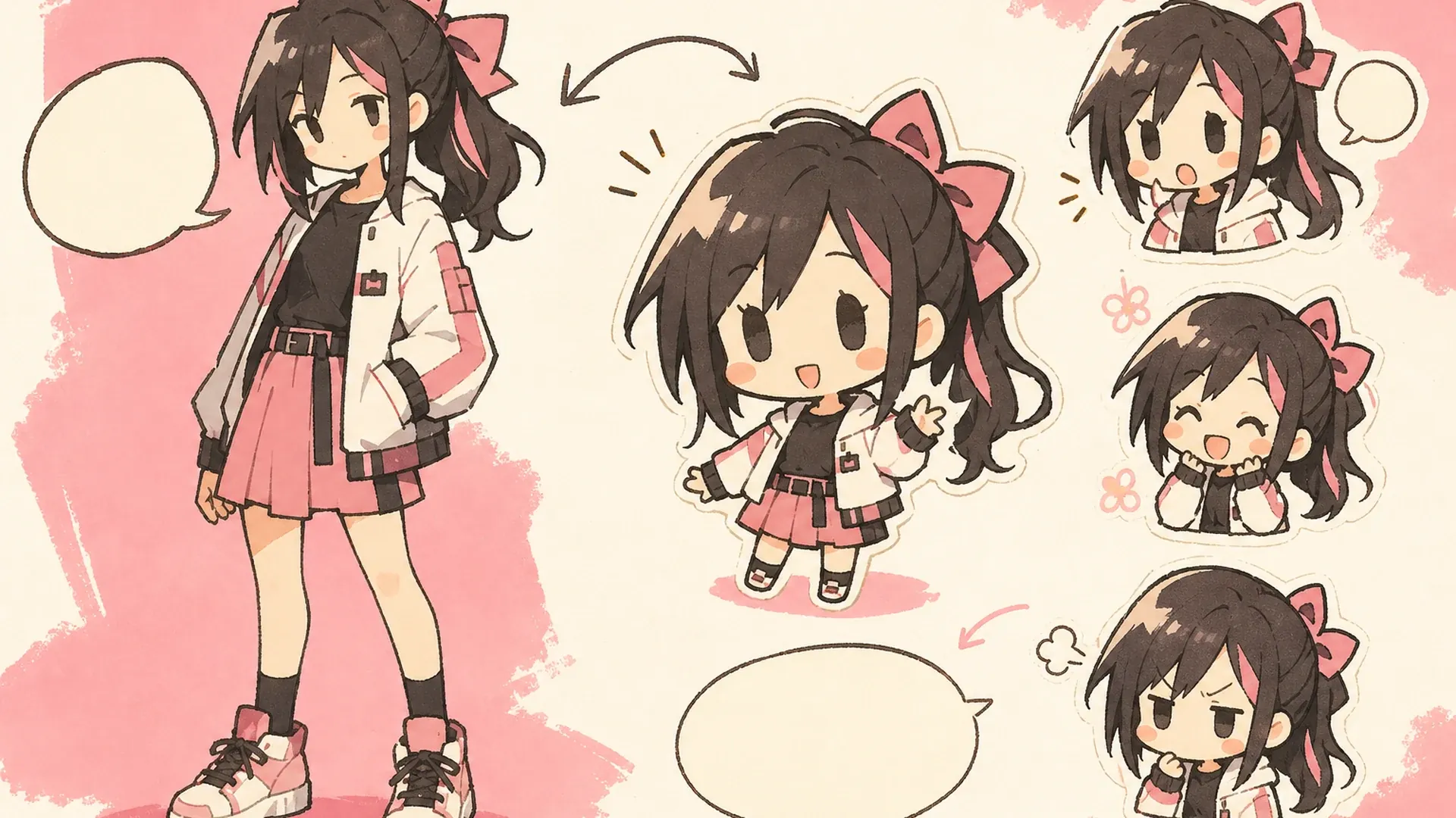 Create a 16:9 KusArt SEO visual band with no title, subtitle, paragraph, body copy, watermark, labels, or decorative pseudo-text. Use the approved 40/60 composite layout: the fixed pink-haired anime mascot explains three icon-only pastel identity, emotion, and spacing chips on the left; the right side contains a large rounded white card with a neat sticker sheet of one recognizable chibi character, oversized head, compact body, bold clean silhouette, and varied reactions. Clean modern Niji anime style, crisp lineart, soft cel shading, warm-white and light-pink background, #ff4fa3 accent marks and one sky-blue detail, uncluttered editorial spacing, no photorealism, 3D, thick paint, neon, deep purple, harsh shadows, inconsistent character details, or gibberish text.