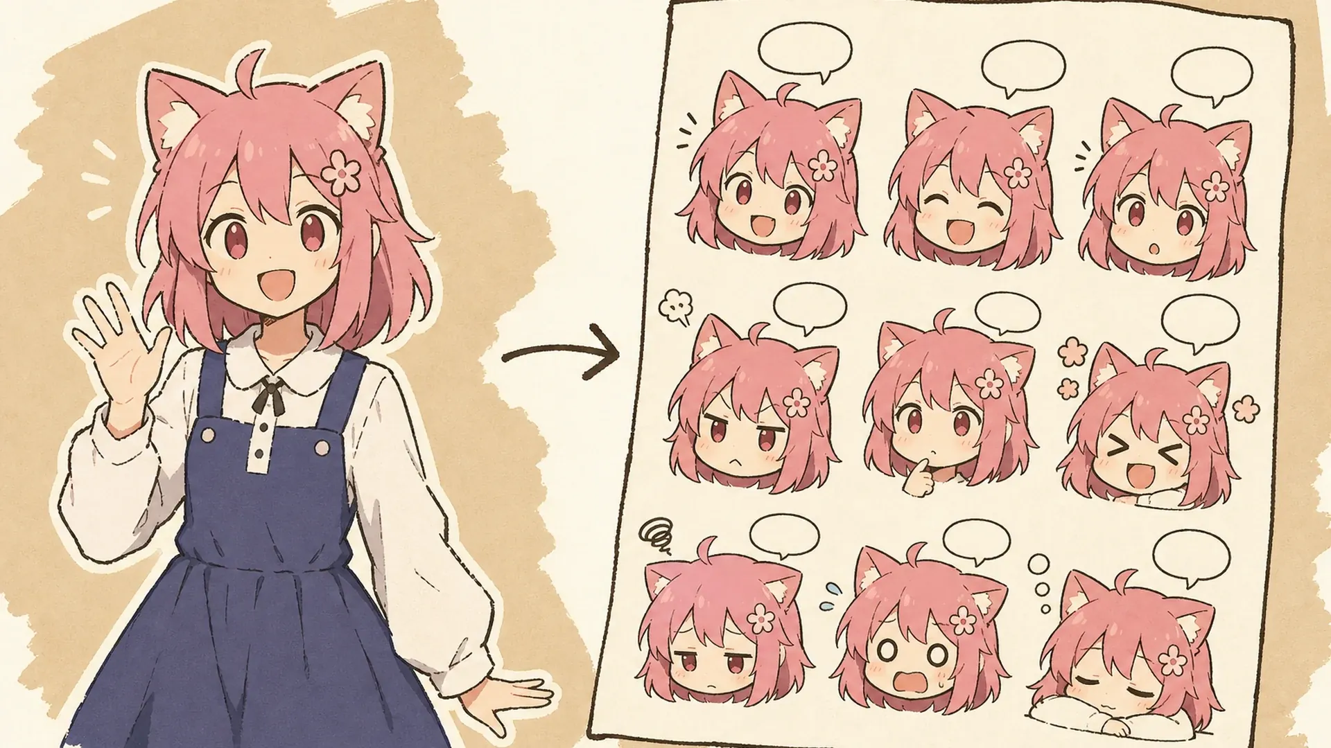 Create a 16:9 KusArt SEO visual band with no title, subtitle, paragraph, body copy, watermark, labels, or decorative pseudo-text. Follow the approved 40/60 composite template: the fixed pink-haired mascot points from one source portrait through icon-only pastel emotion cues on the left; on the right, a large rounded white card displays the same chibi character in six clearly different reactions while preserving the same hair, face, outfit colors, proportions, and signature accessory. Clean modern Niji anime style, crisp lineart, soft cel shading, pale warm-white background, #ff4fa3 arrows and accents, one small sky-blue detail, no photorealism, 3D, thick paint, neon, deep purple, clutter, harsh shadow, extra characters, or gibberish text.
