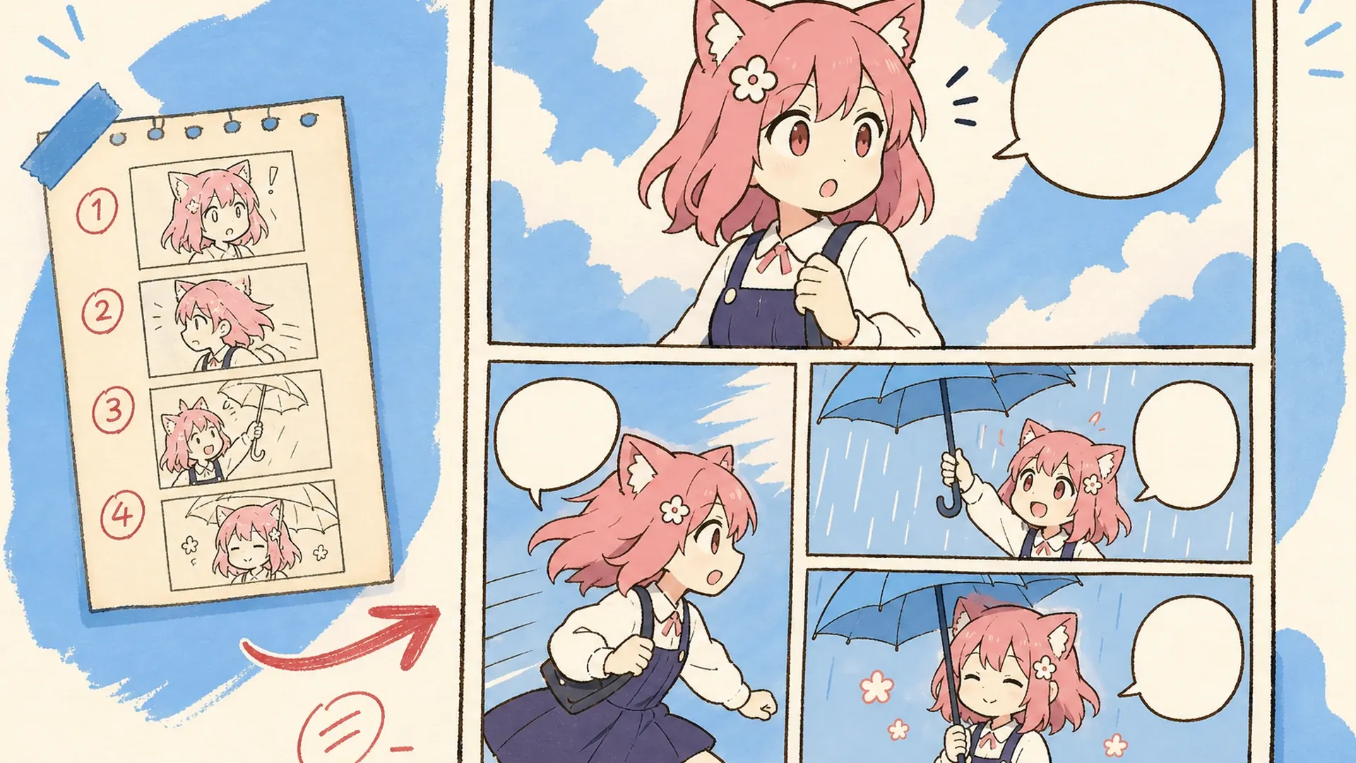 Create a 16:9 KusArt SEO visual band with no title, subtitle, paragraph, body copy, watermark, labels, dialogue, or decorative pseudo-text. Follow the approved 40/60 composite layout: the fixed pink-haired, red-eyed anime mascot with a flower hair clip gestures beside icon-only pastel story, camera, and panel chips on the left; a large rounded white card on the right shows a polished black-and-white manga page with three to four clear panels, varied shots, consistent characters, and clean empty speech bubbles. Modern Niji anime/manga style, crisp ink lineart, soft screentone, warm-white background, #ff4fa3 accents, one small sky-blue accent, generous whitespace, no photorealism, 3D, thick paint, neon, deep purple, clutter, harsh shadow, extra characters, or gibberish text.