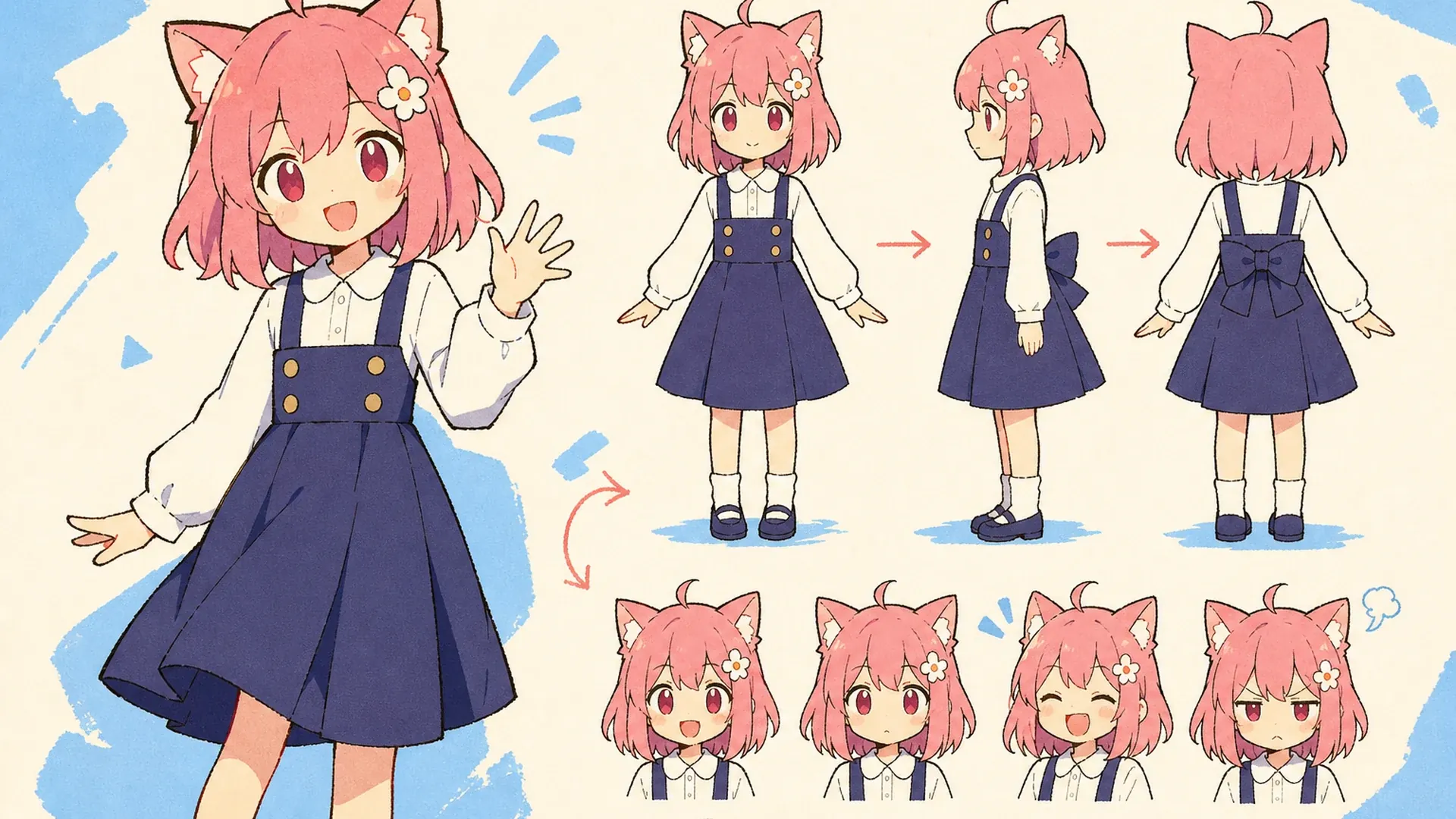 Create a 16:9 KusArt SEO visual band with no title, subtitle, paragraph, body copy, watermark, labels, or decorative pseudo-text. Use the approved 40/60 composite layout: a pink-haired, red-eyed anime mascot with a small flower hair clip gestures beside two to four icon-only pastel feature chips on the left, while a large rounded white card on the right shows a polished multi-view anime character sheet with front, profile, back, expression, and detail studies. Clean modern Niji anime style, crisp lineart, soft cel shading, warm-white and pale-pink background, #ff4fa3 accents, one small sky-blue accent, generous whitespace, no photorealism, 3D, thick paint, neon, deep purple, clutter, harsh shadow, extra characters, or gibberish text.