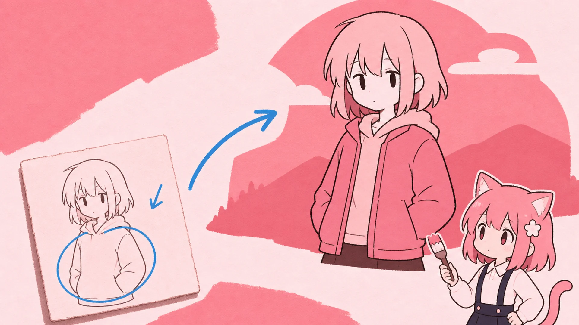 Source portrait with its clothing circled, next to the same character re-rendered with a new jacket and background