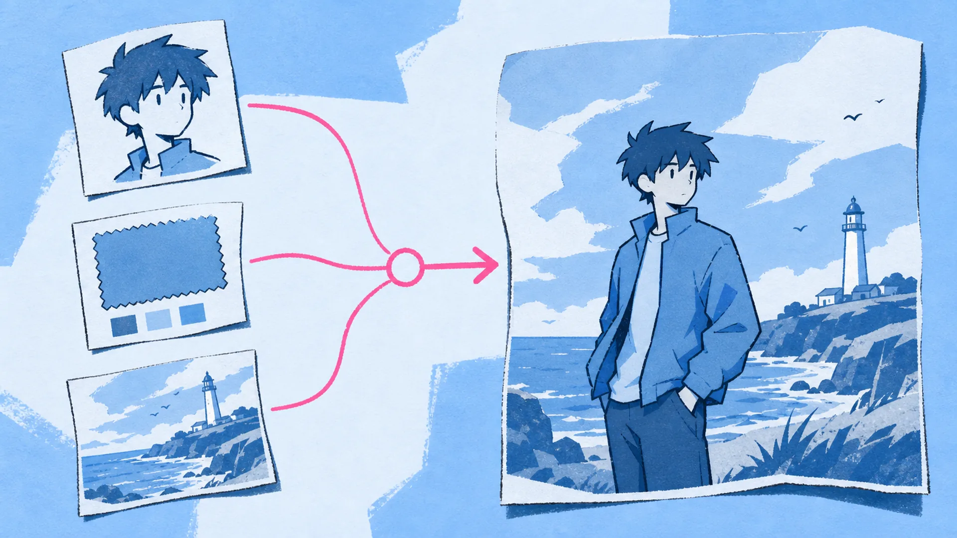 A character card, a colour swatch card and a scenery card merging into one edited illustration