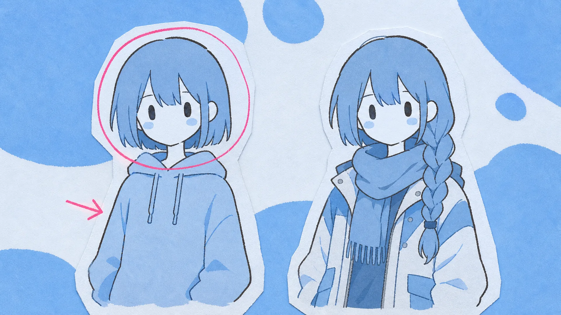 The same anime character shown before and after a hairstyle and outfit edit