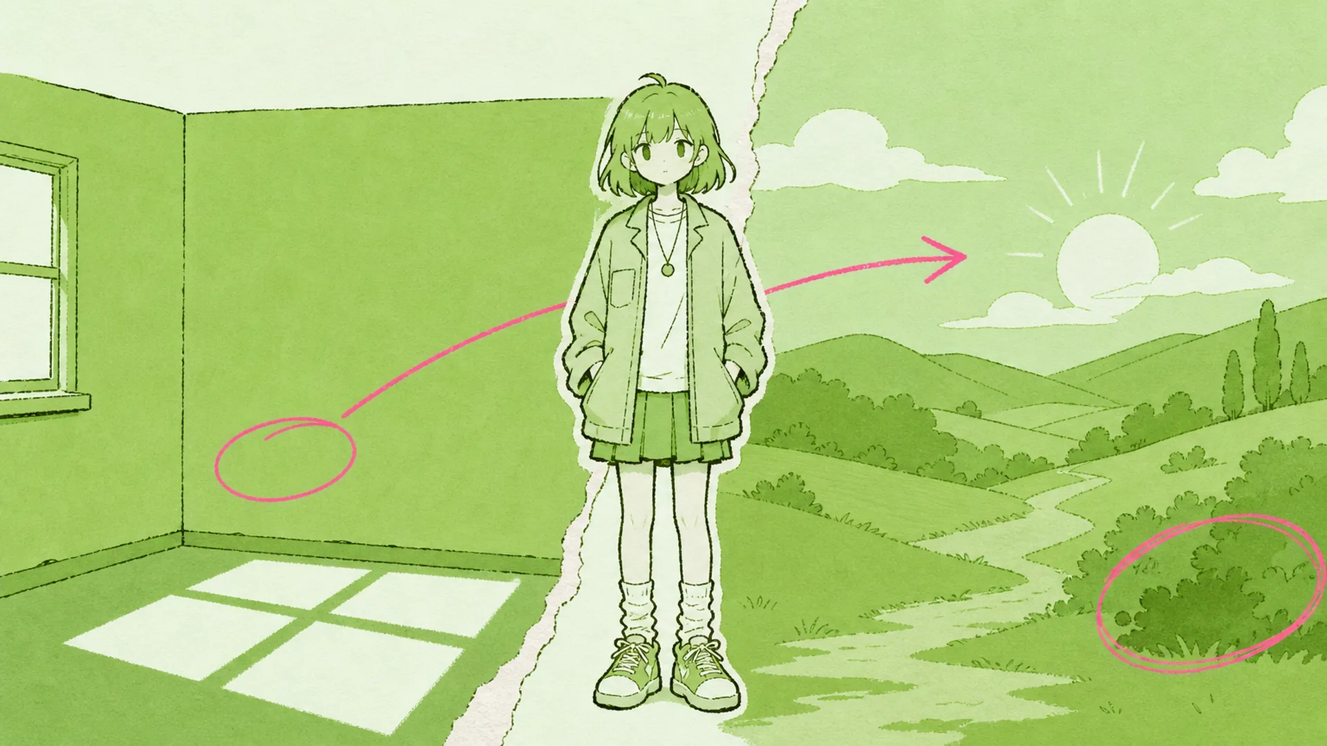 One character left untouched while the background switches from an indoor corner to open hills