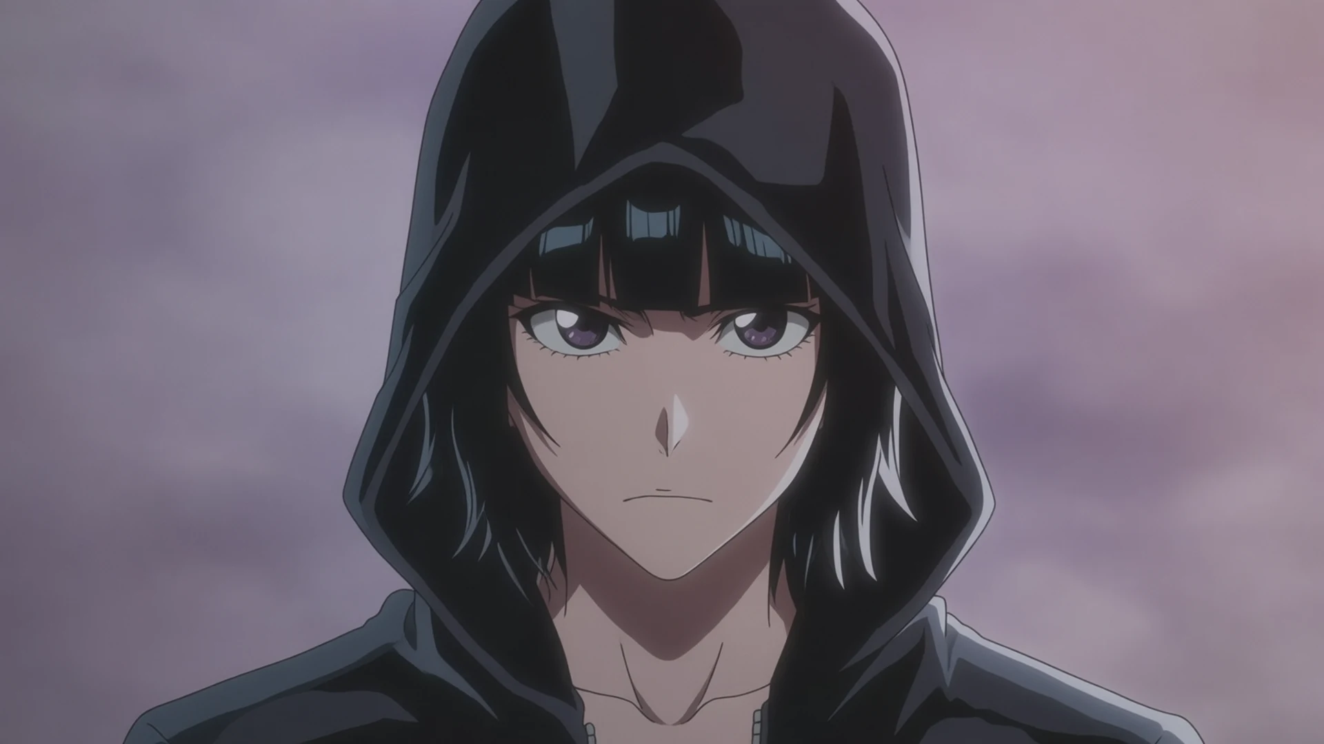 A moody anime portrait of a hooded character in soft overcast light