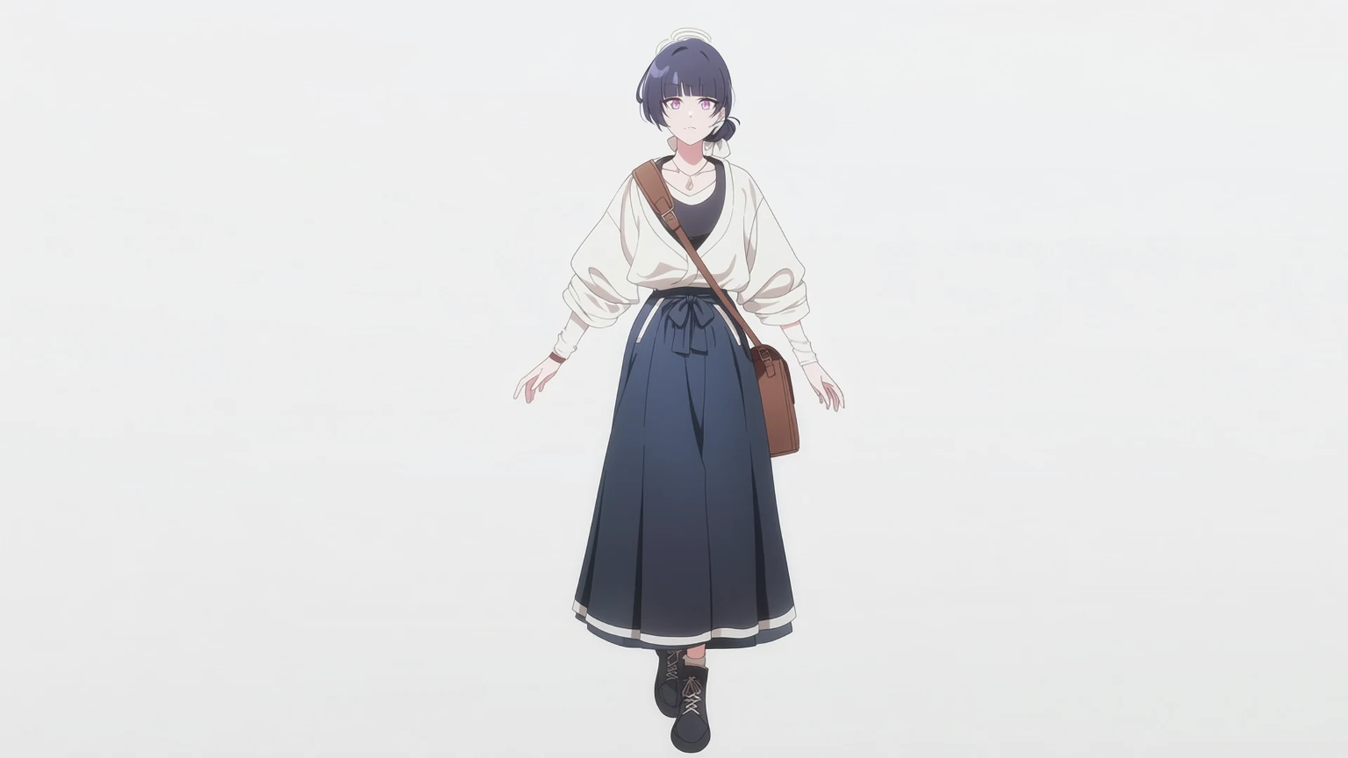 Full body anime character in a layered cream cardigan and long skirt with a satchel, plain background