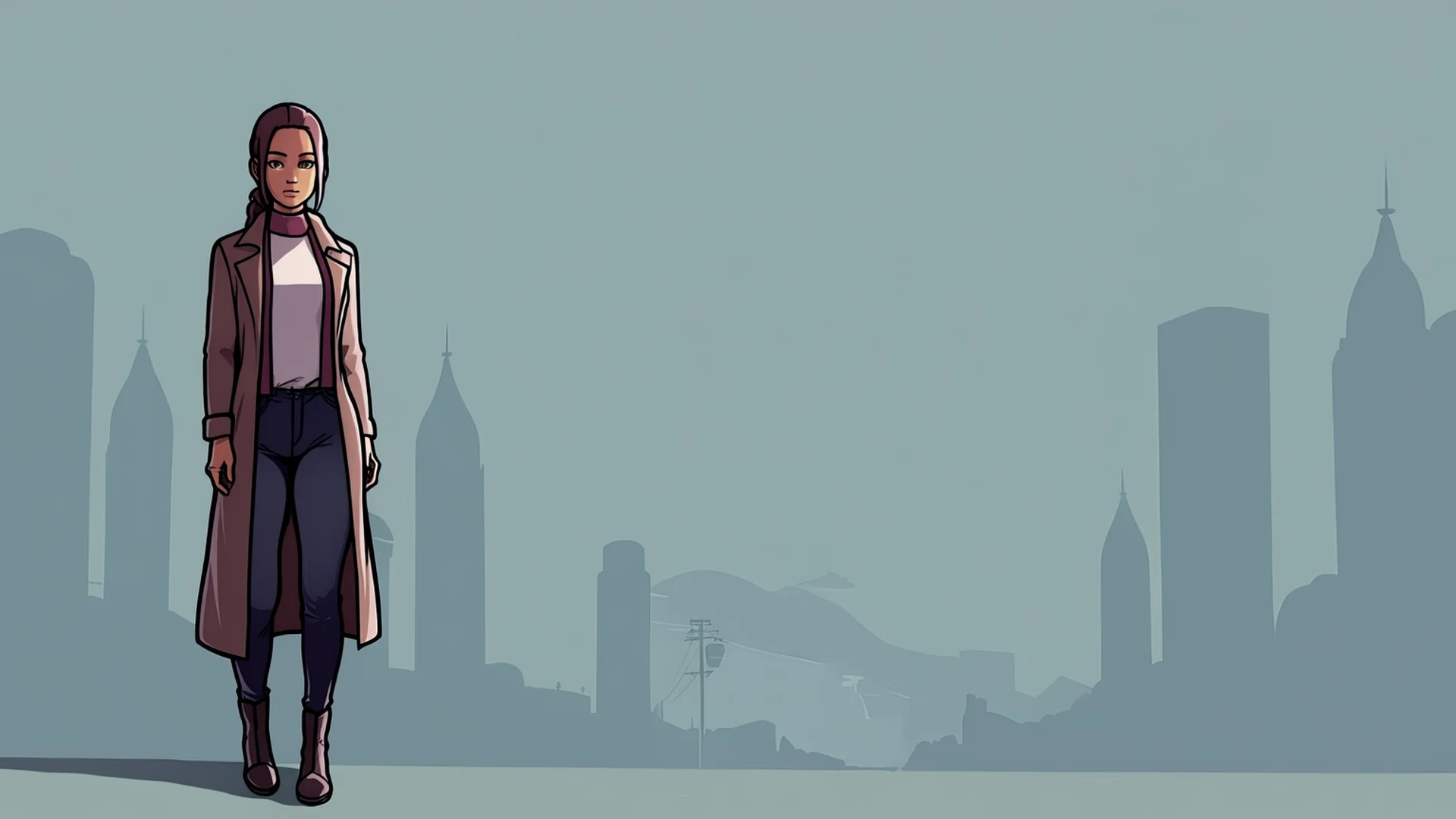 An anime character in a long brown coat standing against a muted teal city silhouette