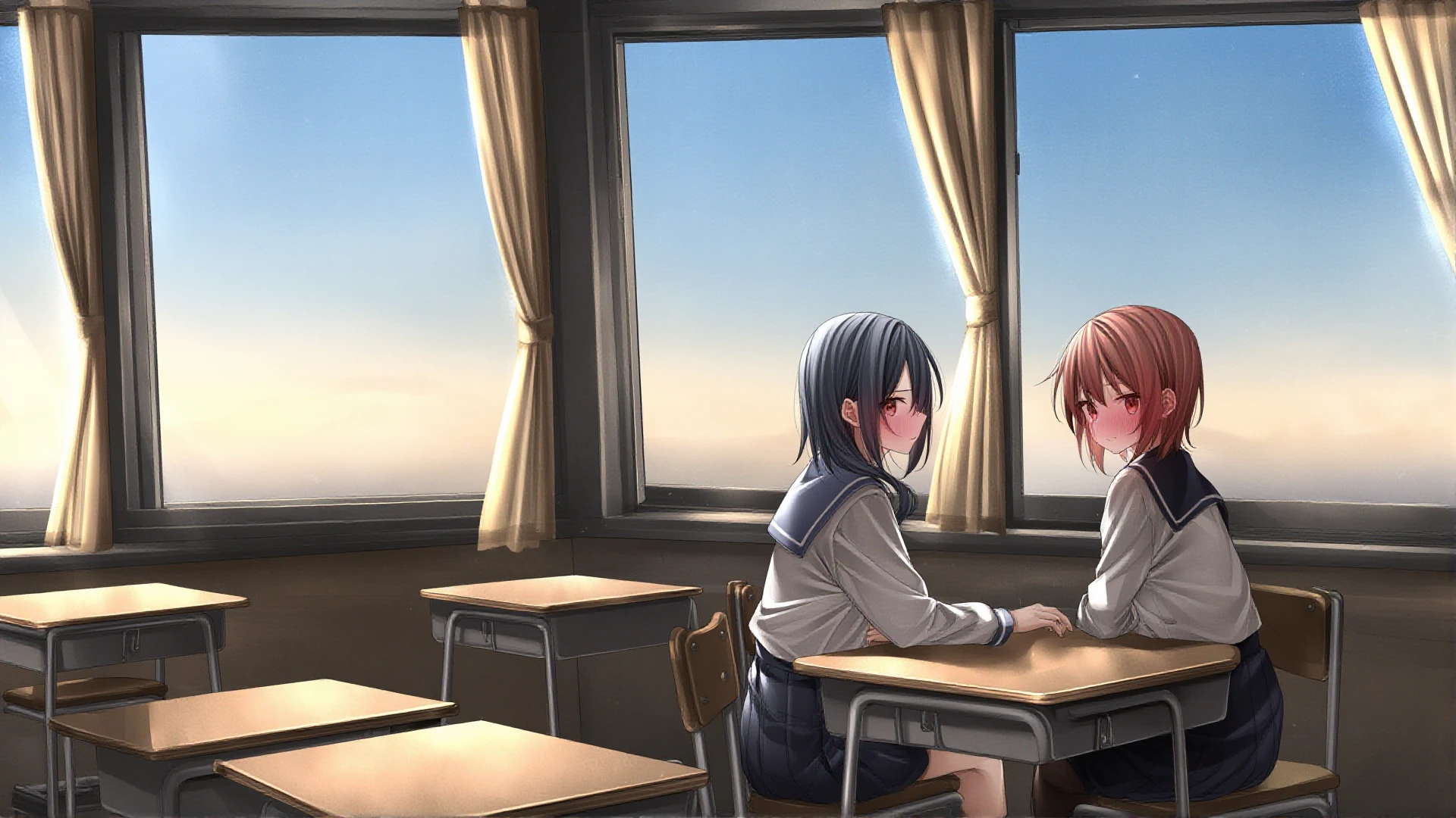 Two students sit by classroom windows in late afternoon light, talking quietly