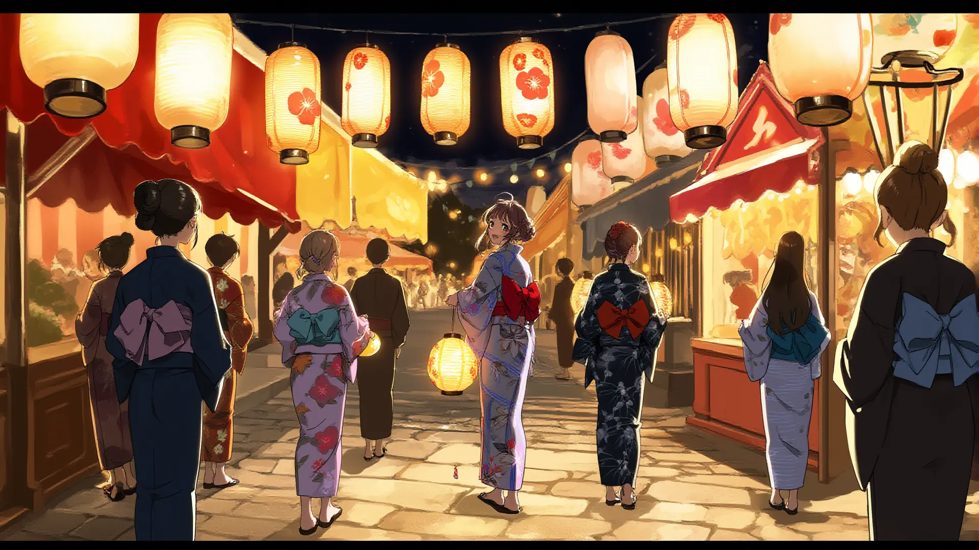 A crowded summer festival street at night lined with glowing paper lanterns and people in yukata